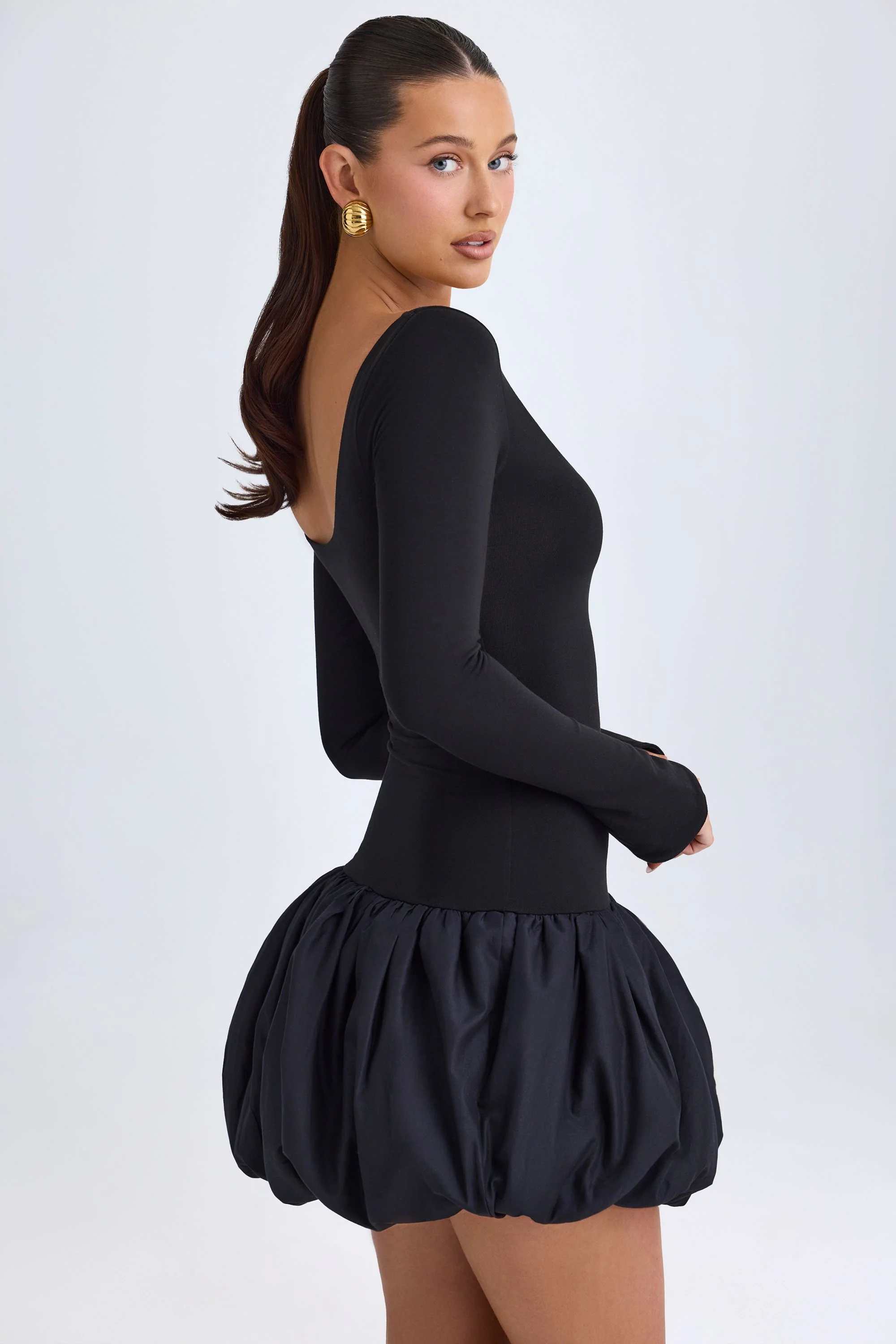 Modal Scoop-Neck Drop-Waist Bubble Hem Mini Dress in Black - Image 4