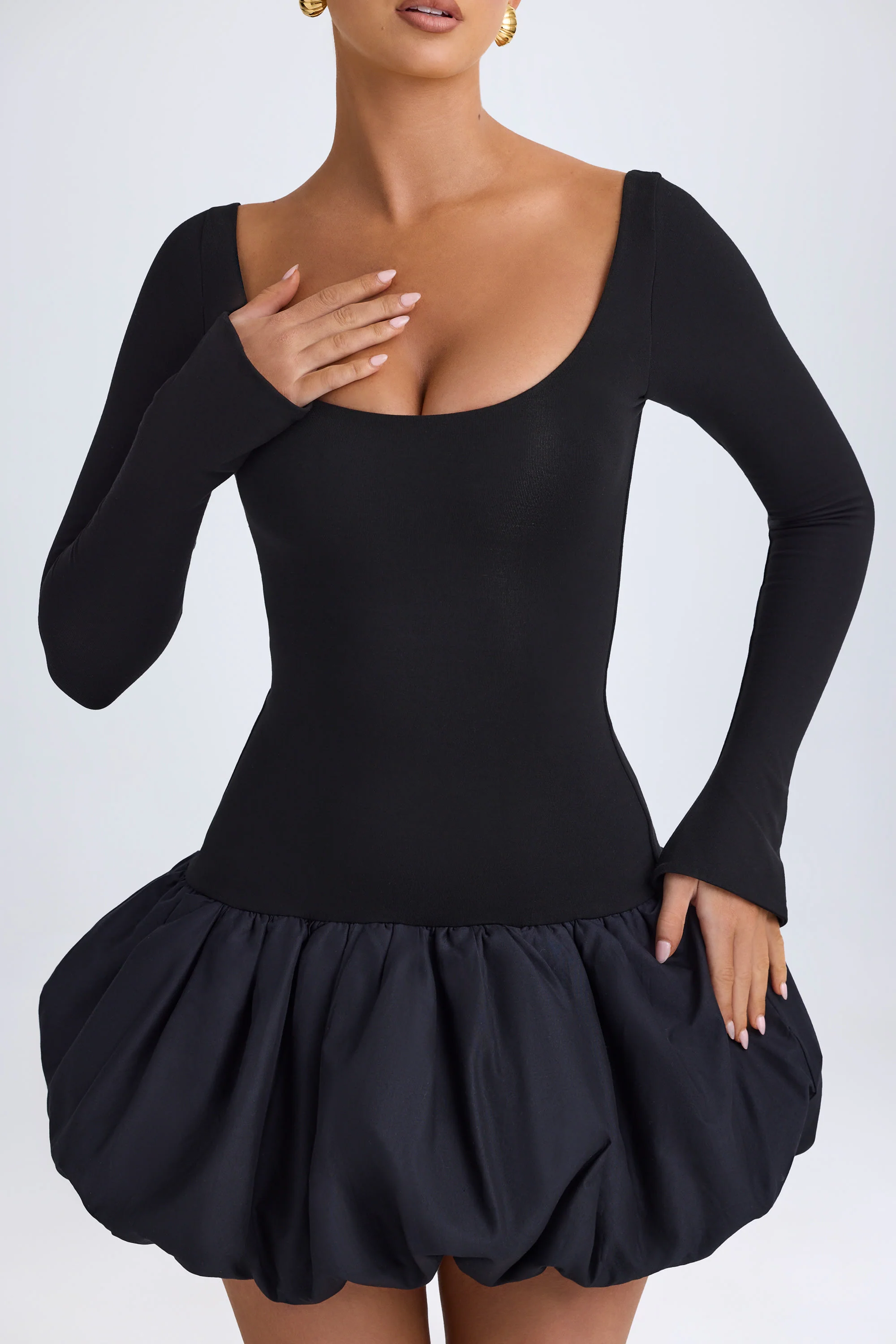 Modal Scoop-Neck Drop-Waist Bubble Hem Mini Dress in Black - Image 5