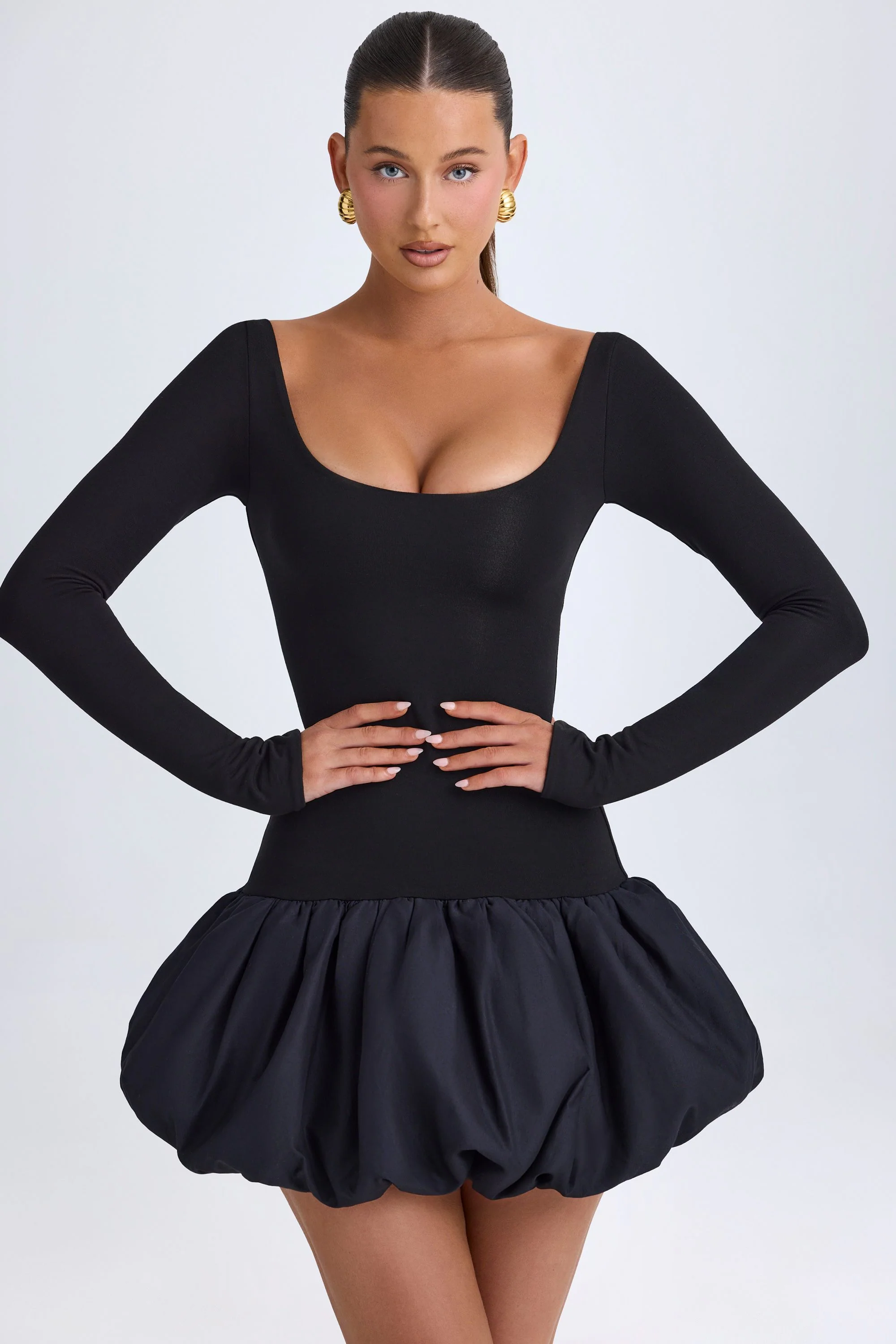 Modal Scoop-Neck Drop-Waist Bubble Hem Mini Dress in Black - Image 7