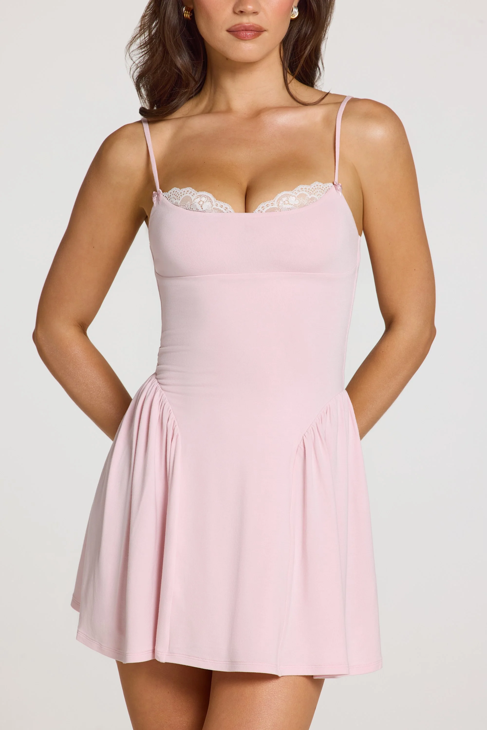 Modal Lace-Trim Mini Dress in Baby Pink - Image 2
