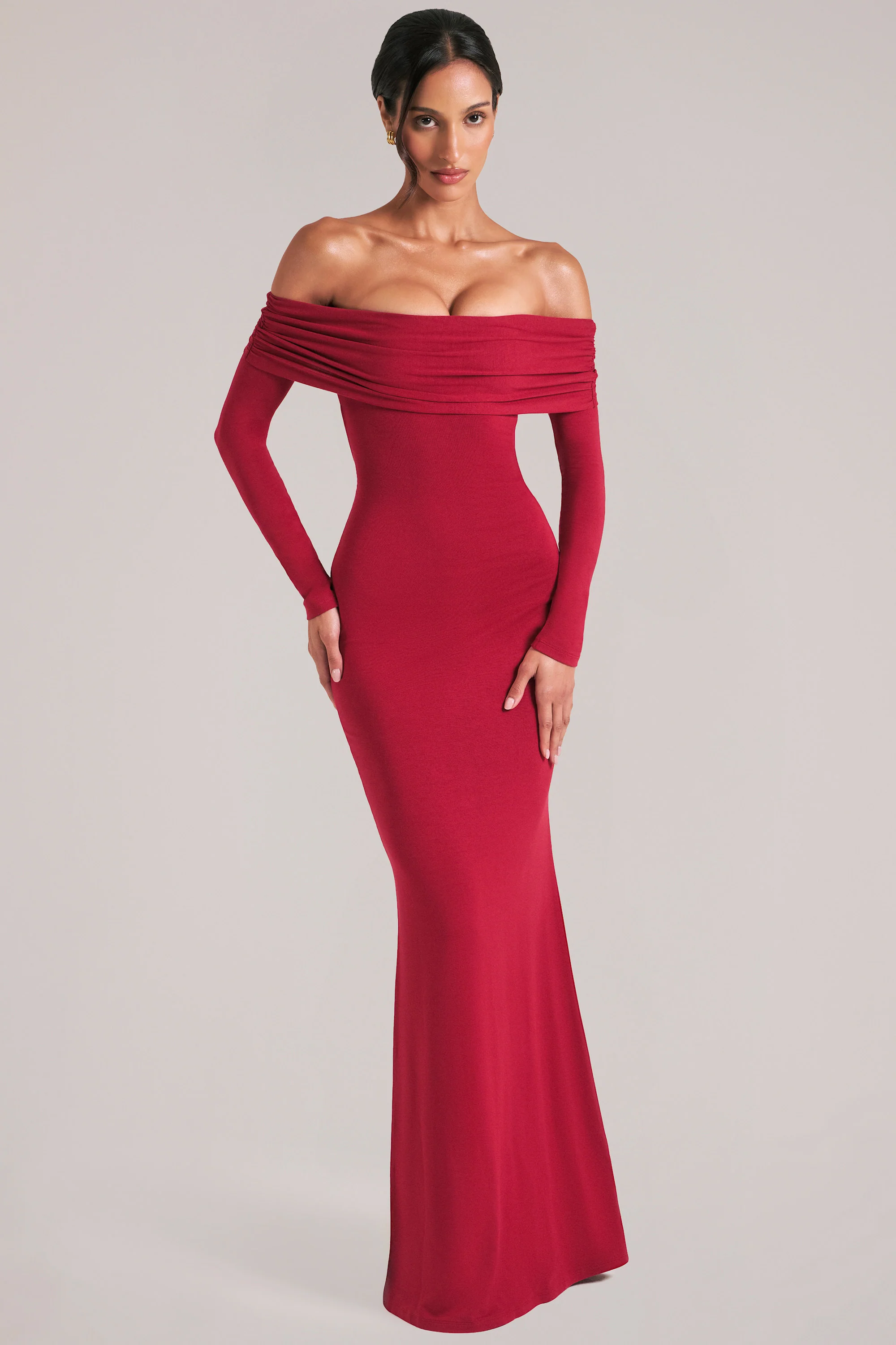 Off-Shoulder Long-Sleeve Maxi Dress in Cherry Red - Image 5