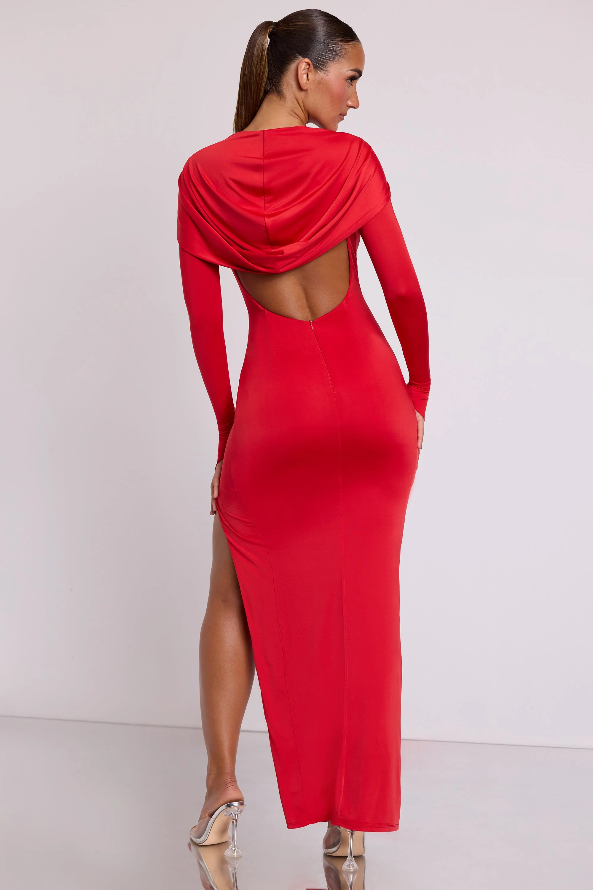 Hooded Long Sleeve Maxi Dress in Fire Red - Image 10