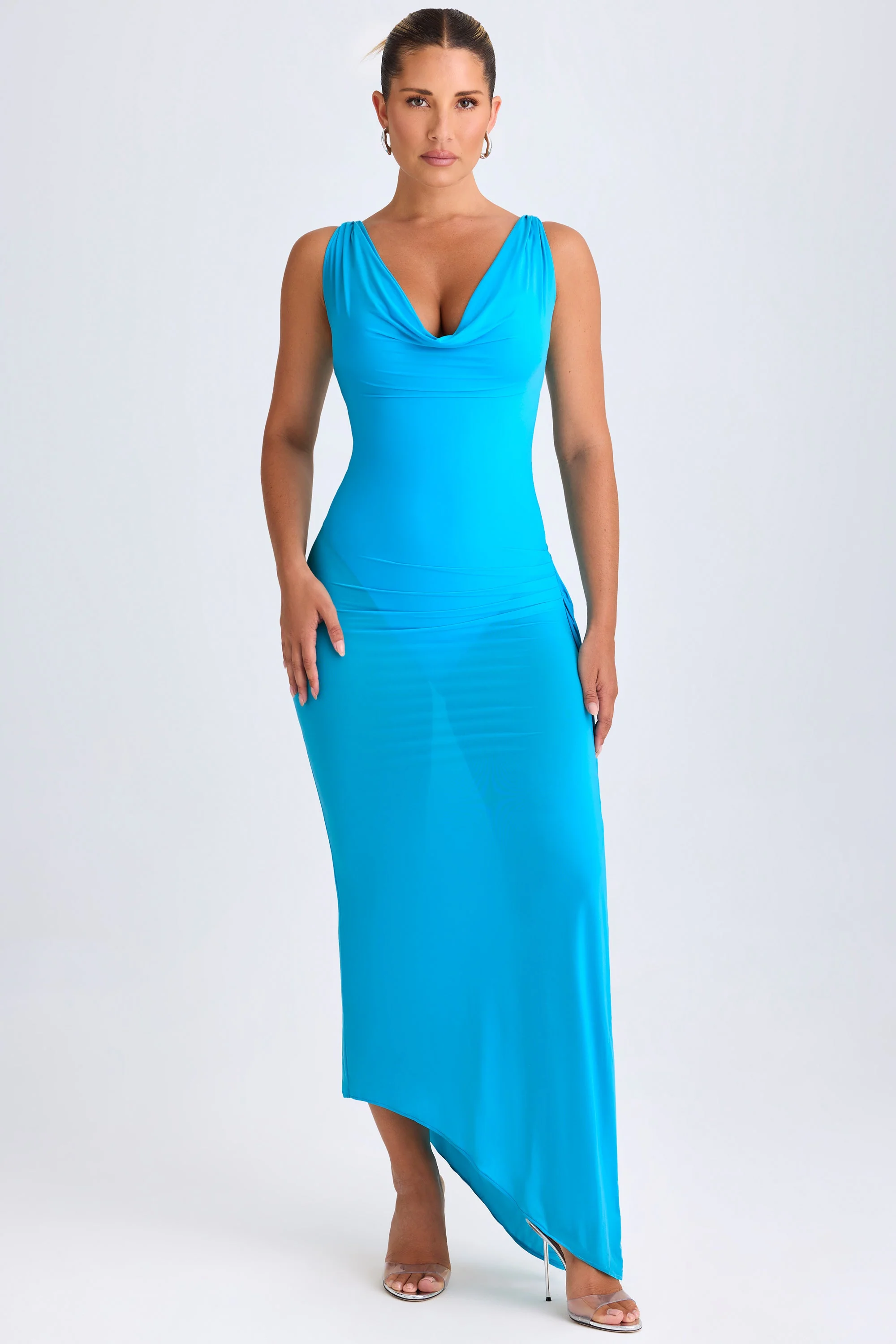Ruffle-Trim Cowl-Neck Midaxi Dress in Aqua Blue - Image 4