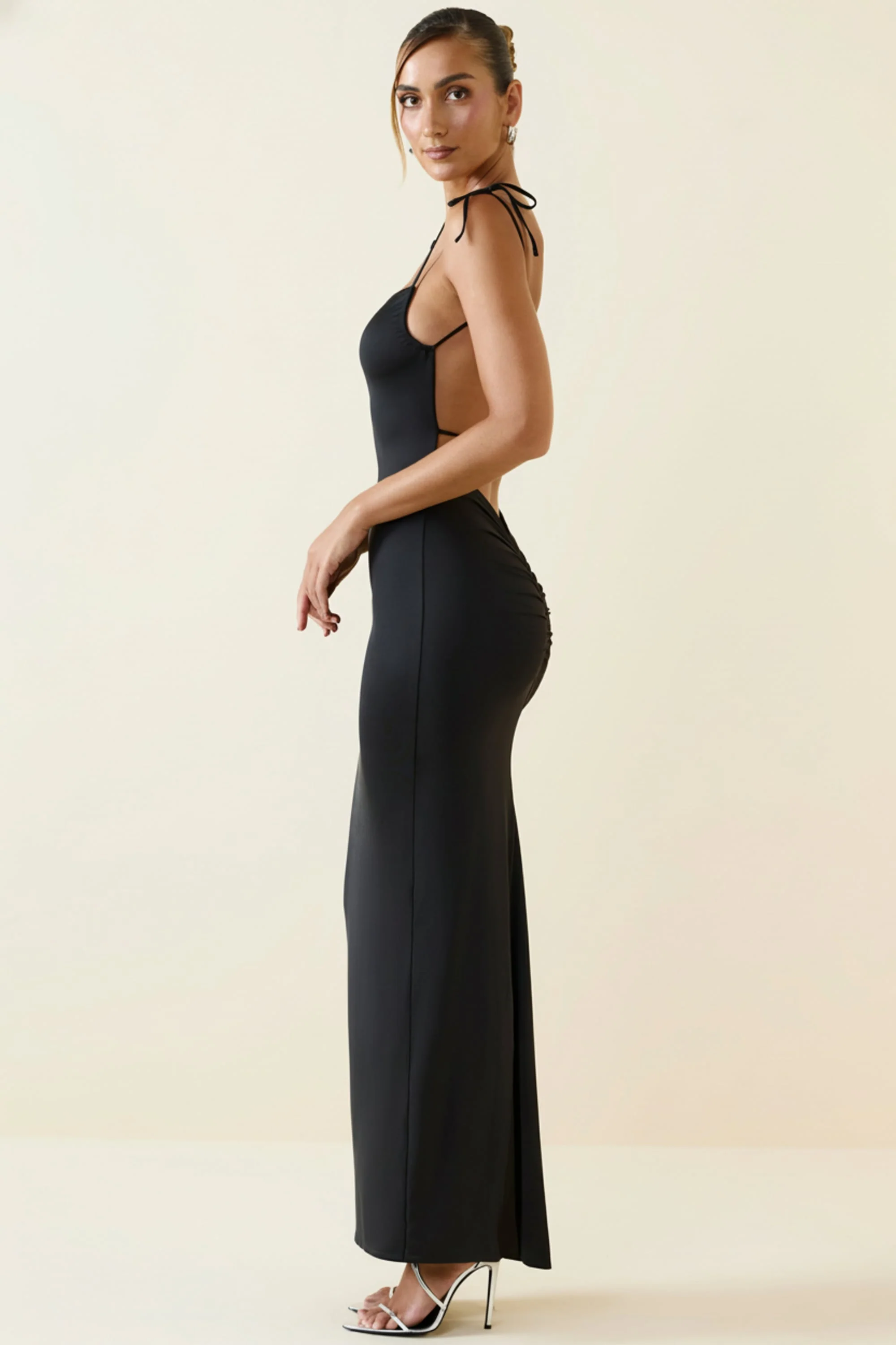 Ruched Backless Maxi Dress in Black - Image 3