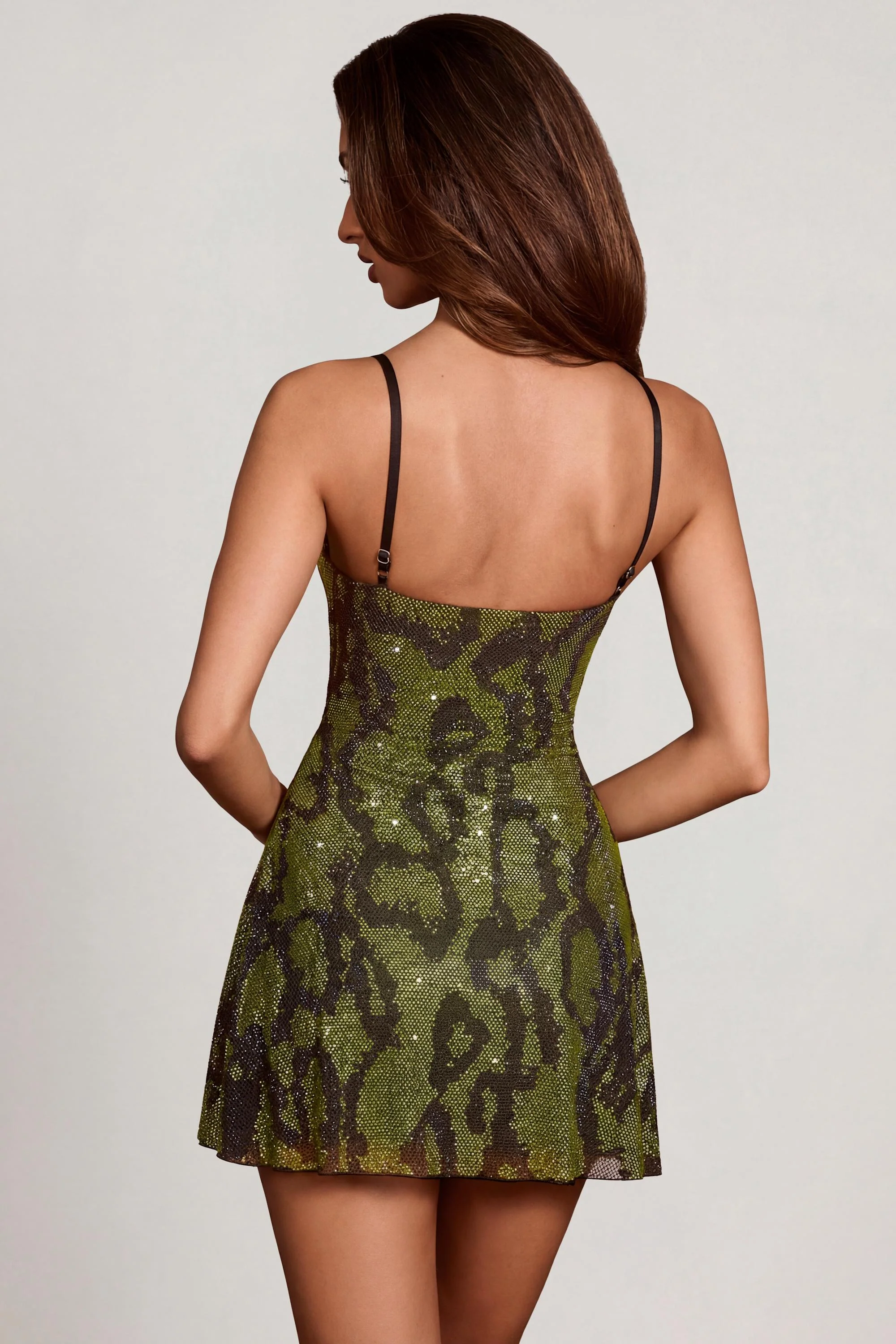 Embellished Cowl Neck A-line Mini Dress in Green Snake - Image 2