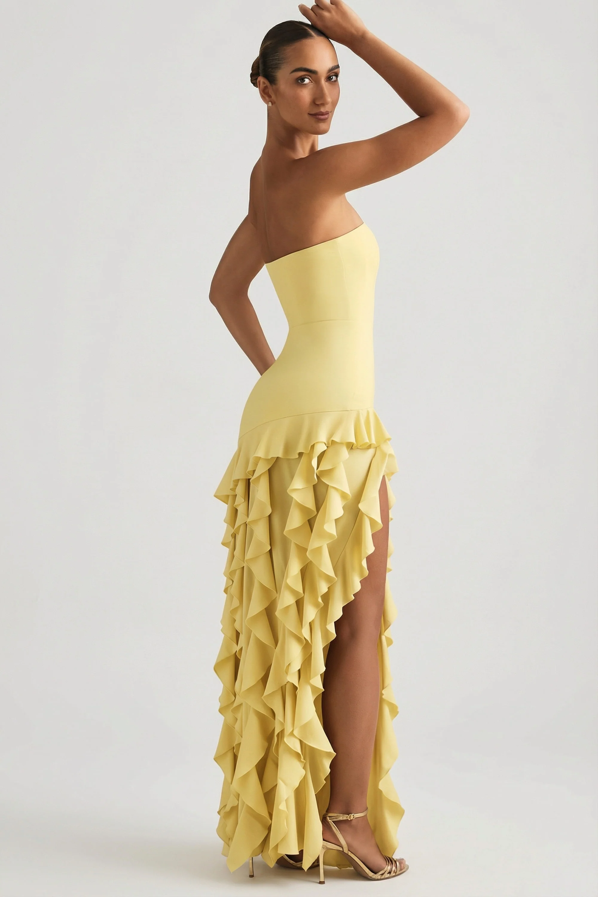 Ruffle-Trim Strapless Gown in Pastel Yellow - Image 2