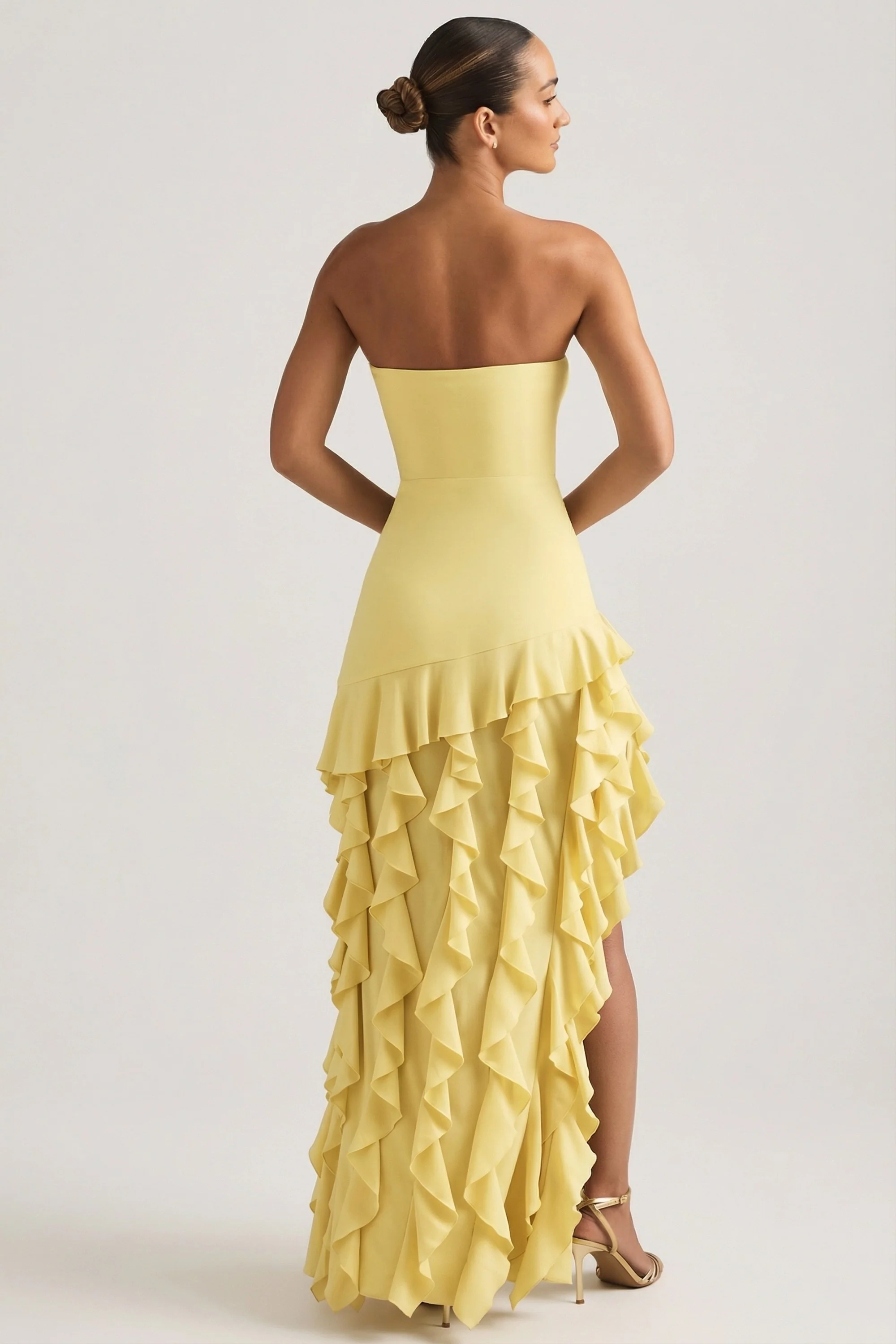 Ruffle-Trim Strapless Gown in Pastel Yellow - Image 5