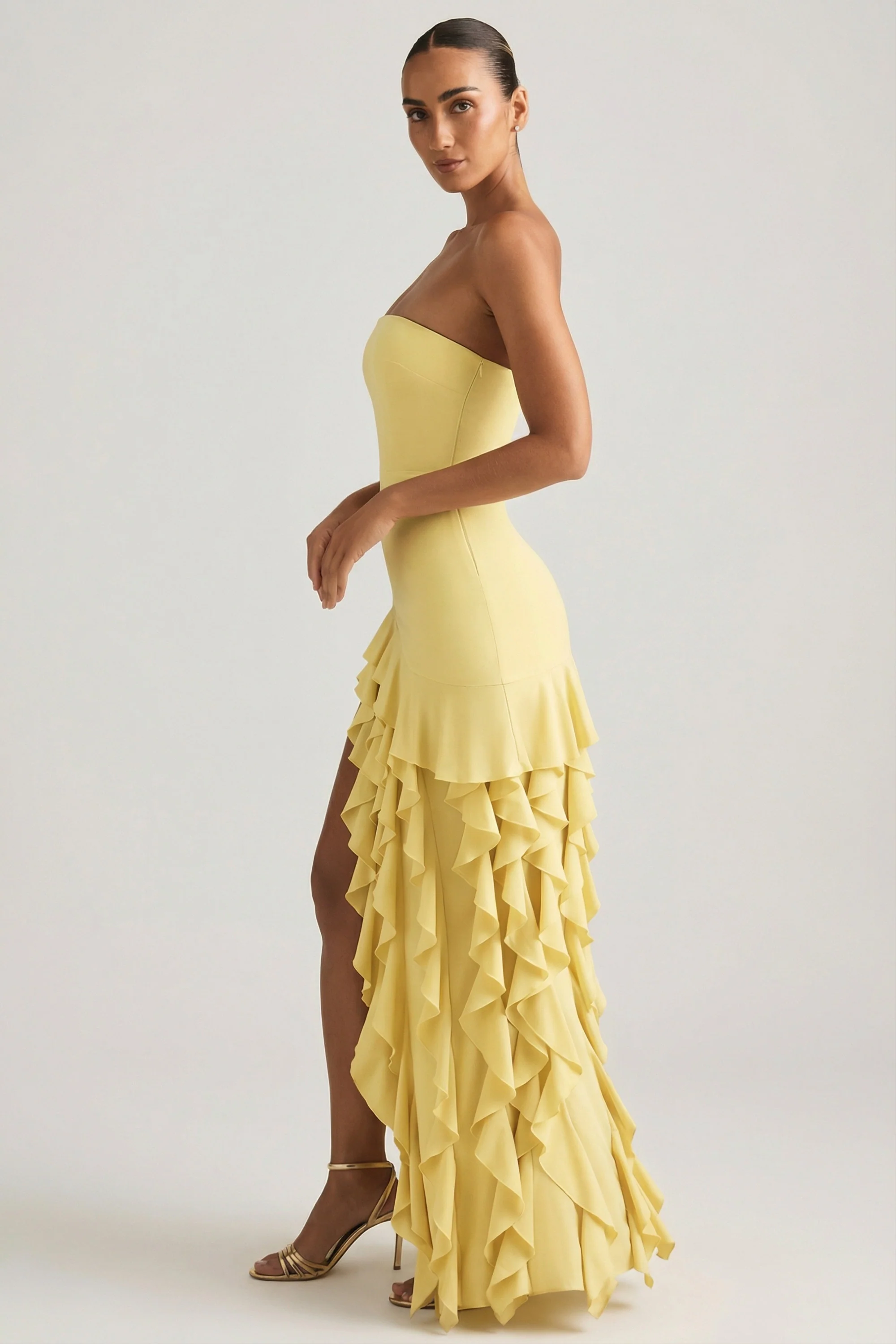 Ruffle-Trim Strapless Gown in Pastel Yellow - Image 6
