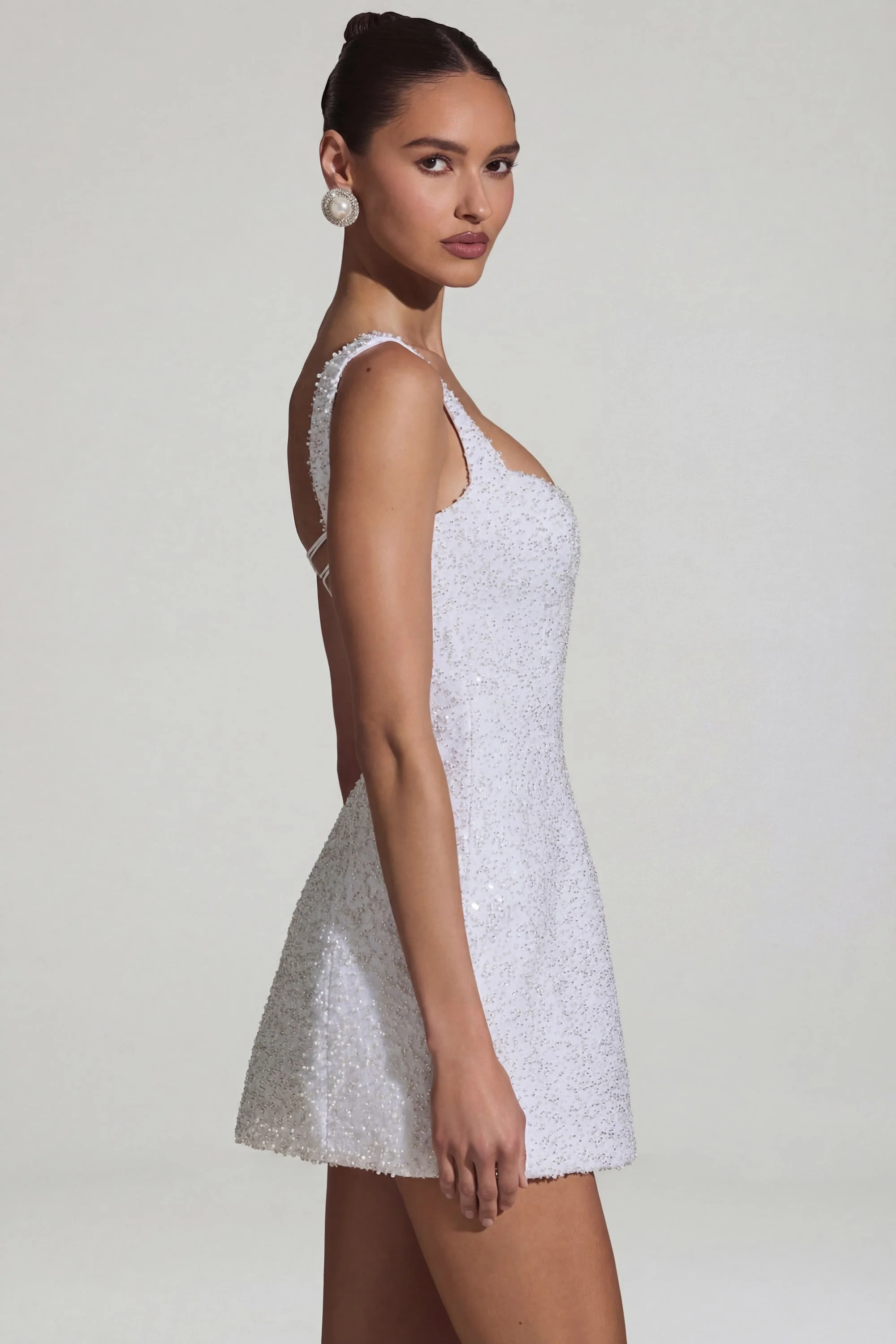 Embellished Structured A-Line Mini Dress in White - Image 3