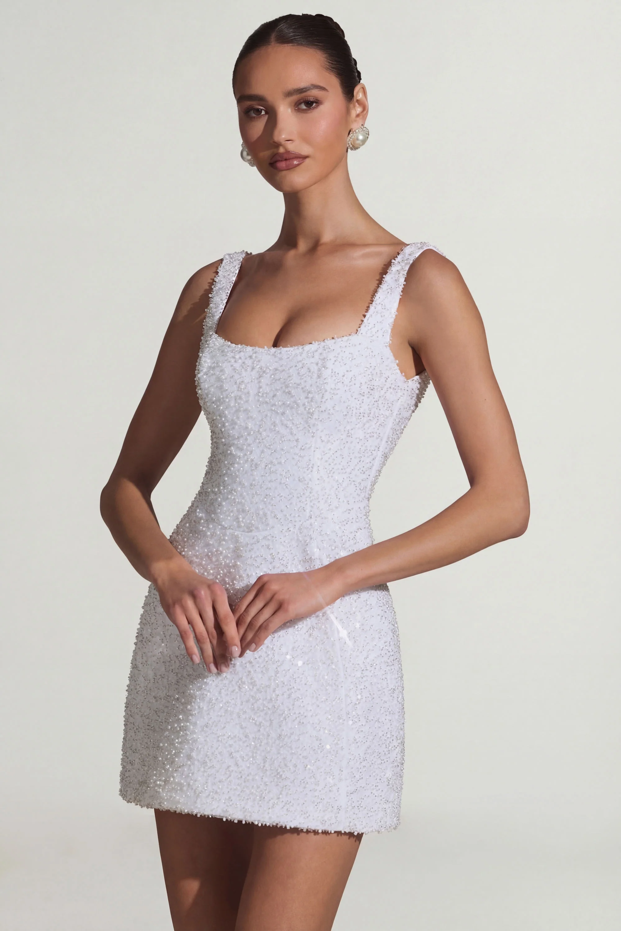 Embellished Structured A-Line Mini Dress in White - Image 8