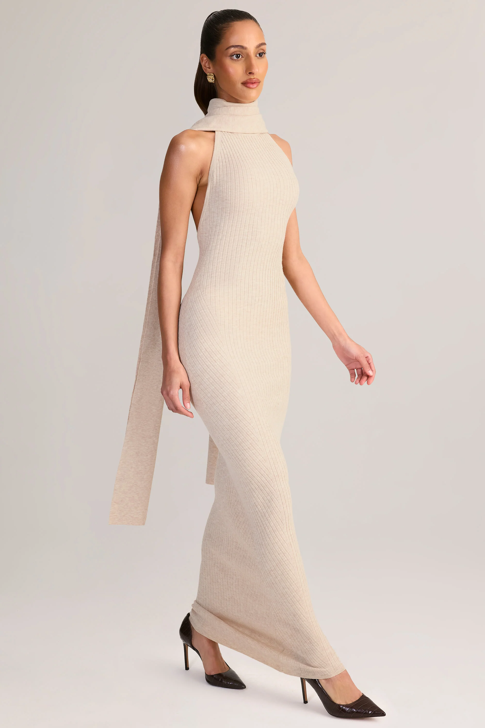 Rib-Knit Scarf-Detail Halterneck Maxi Dress in Cream - Image 6