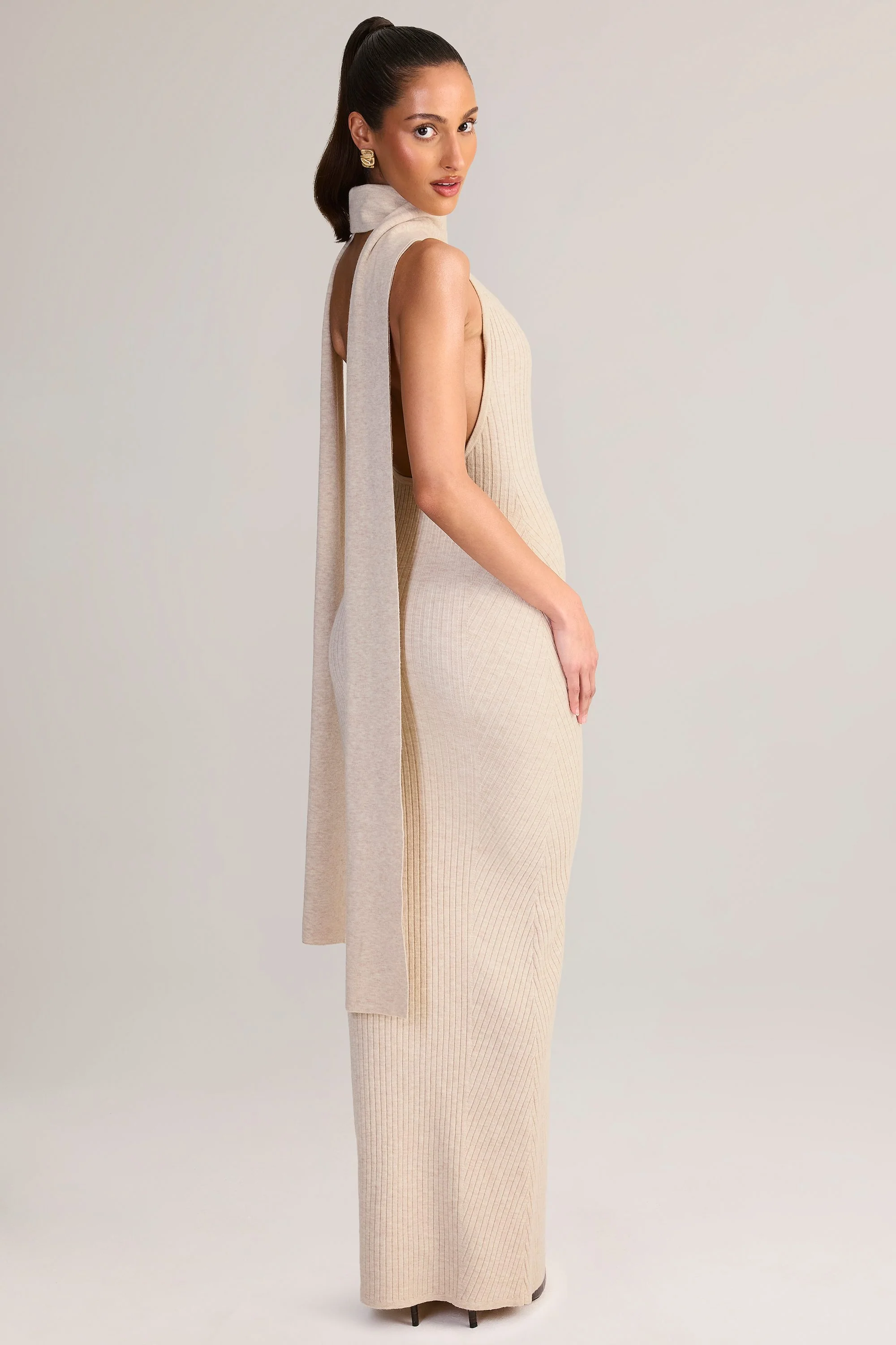 Rib-Knit Scarf-Detail Halterneck Maxi Dress in Cream - Image 7