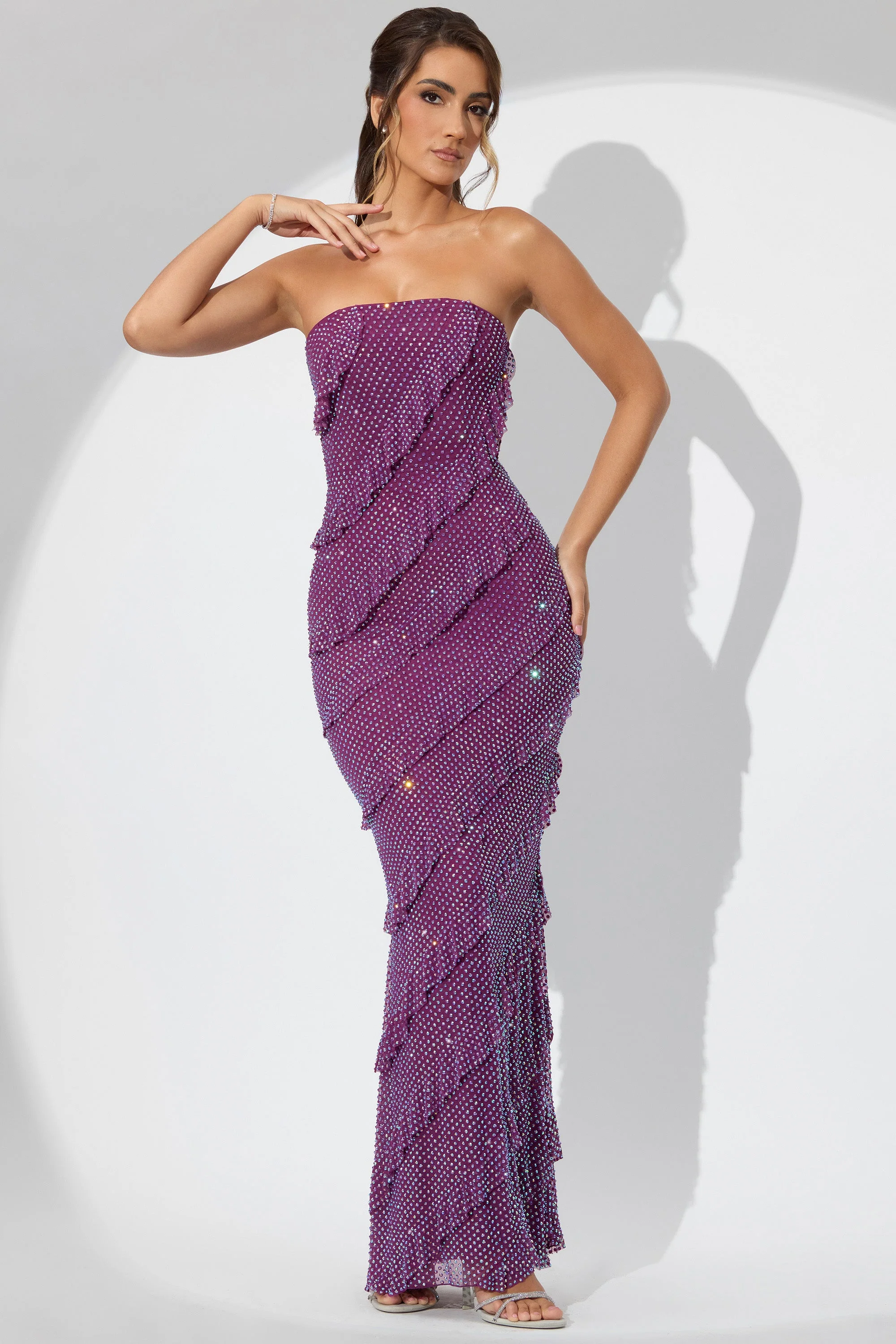 Embellished Bandeau Ruffle Maxi Dress in Plum - Image 7