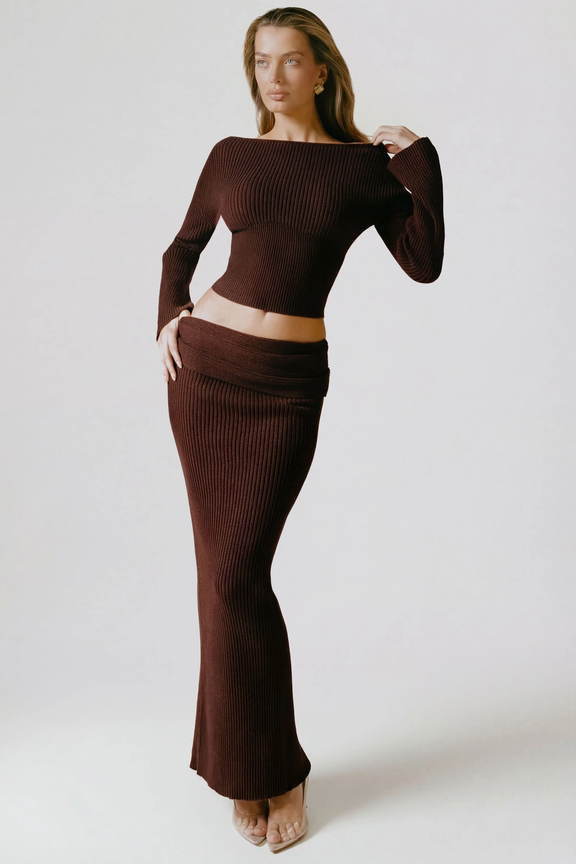 Ribbed-Knit Foldover Maxi Skirt in Espresso - Image 5