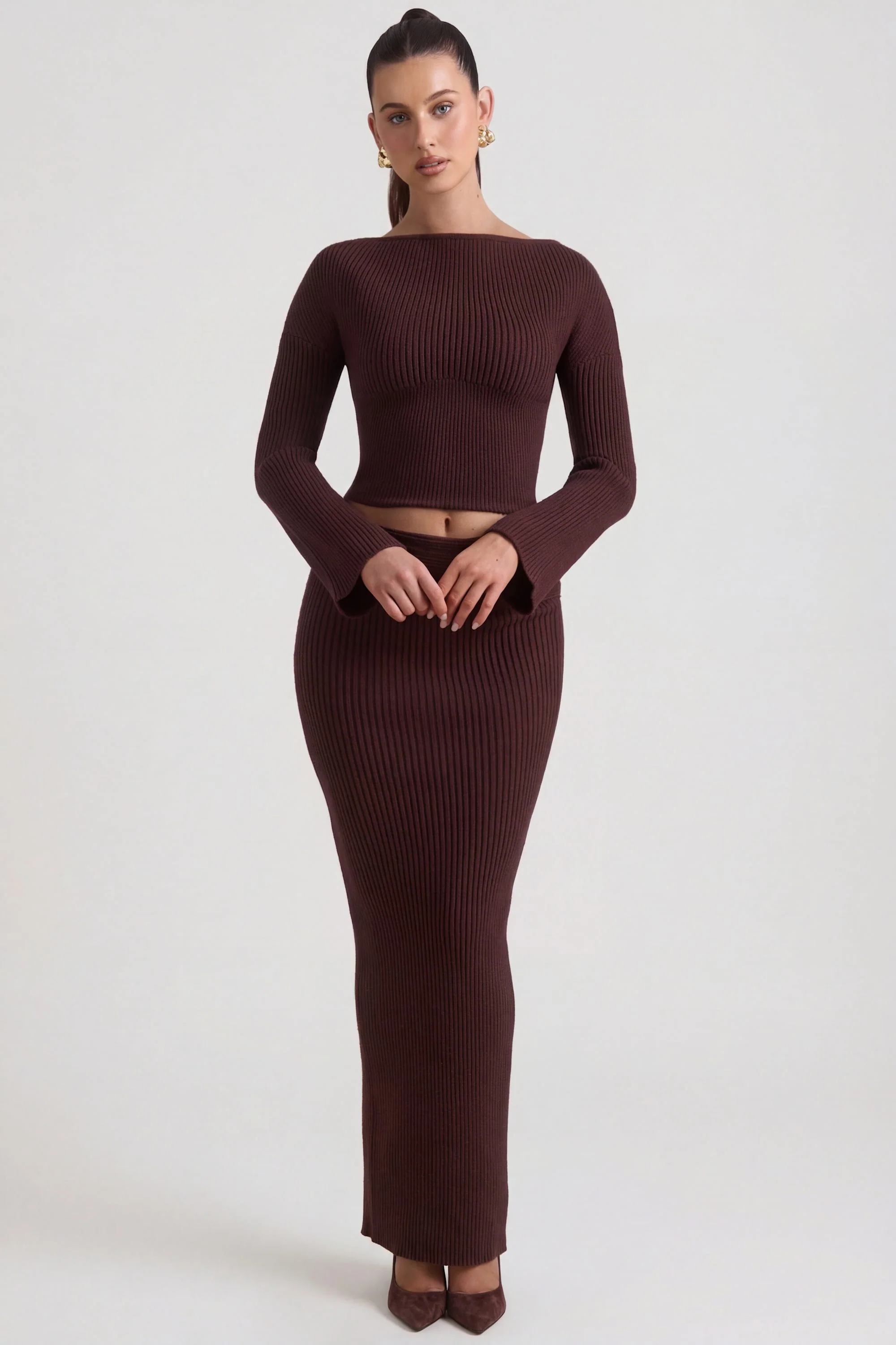 Ribbed-Knit Foldover Maxi Skirt in Espresso - Image 8