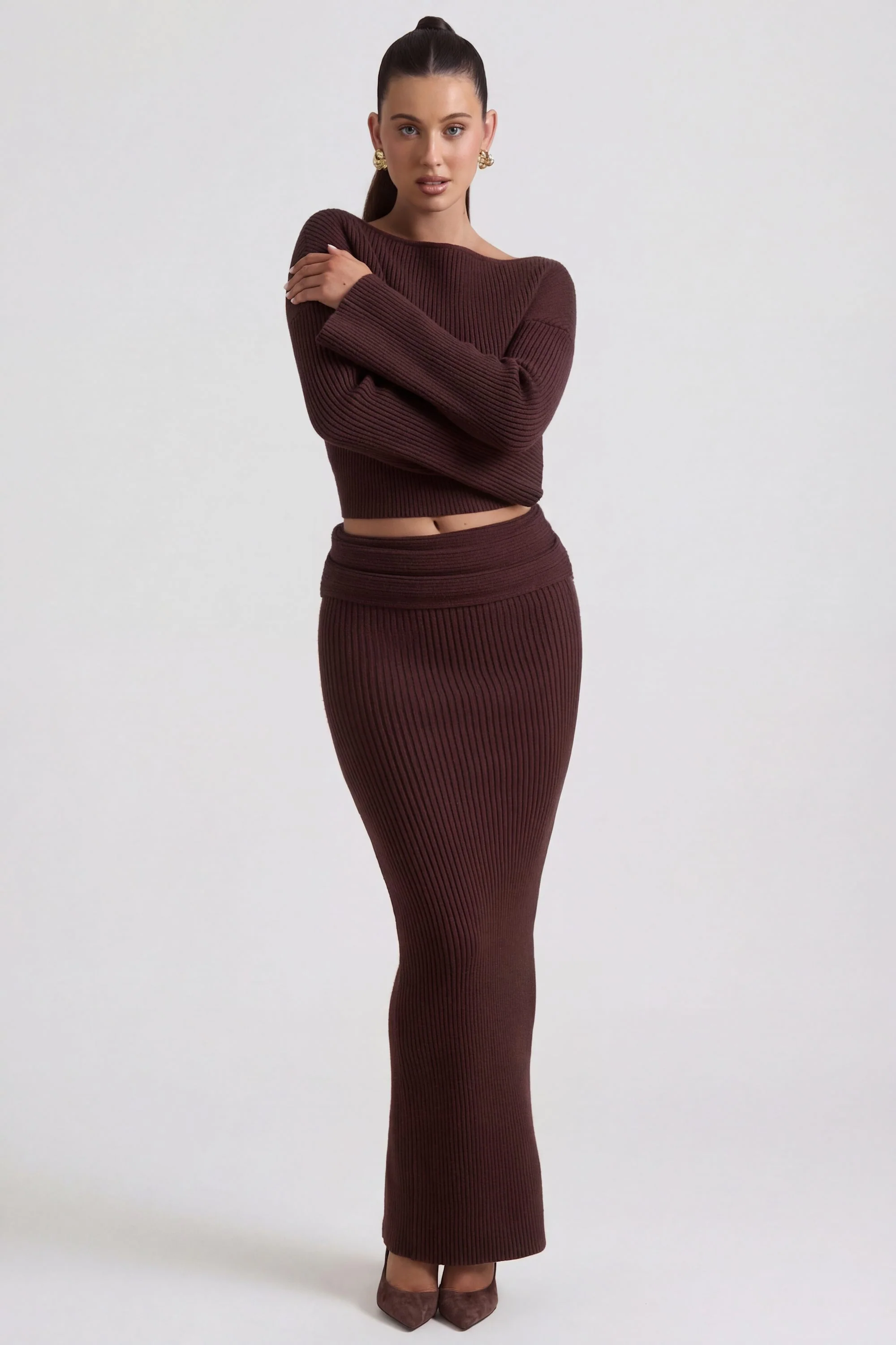 Ribbed-Knit Foldover Maxi Skirt in Espresso - Image 9