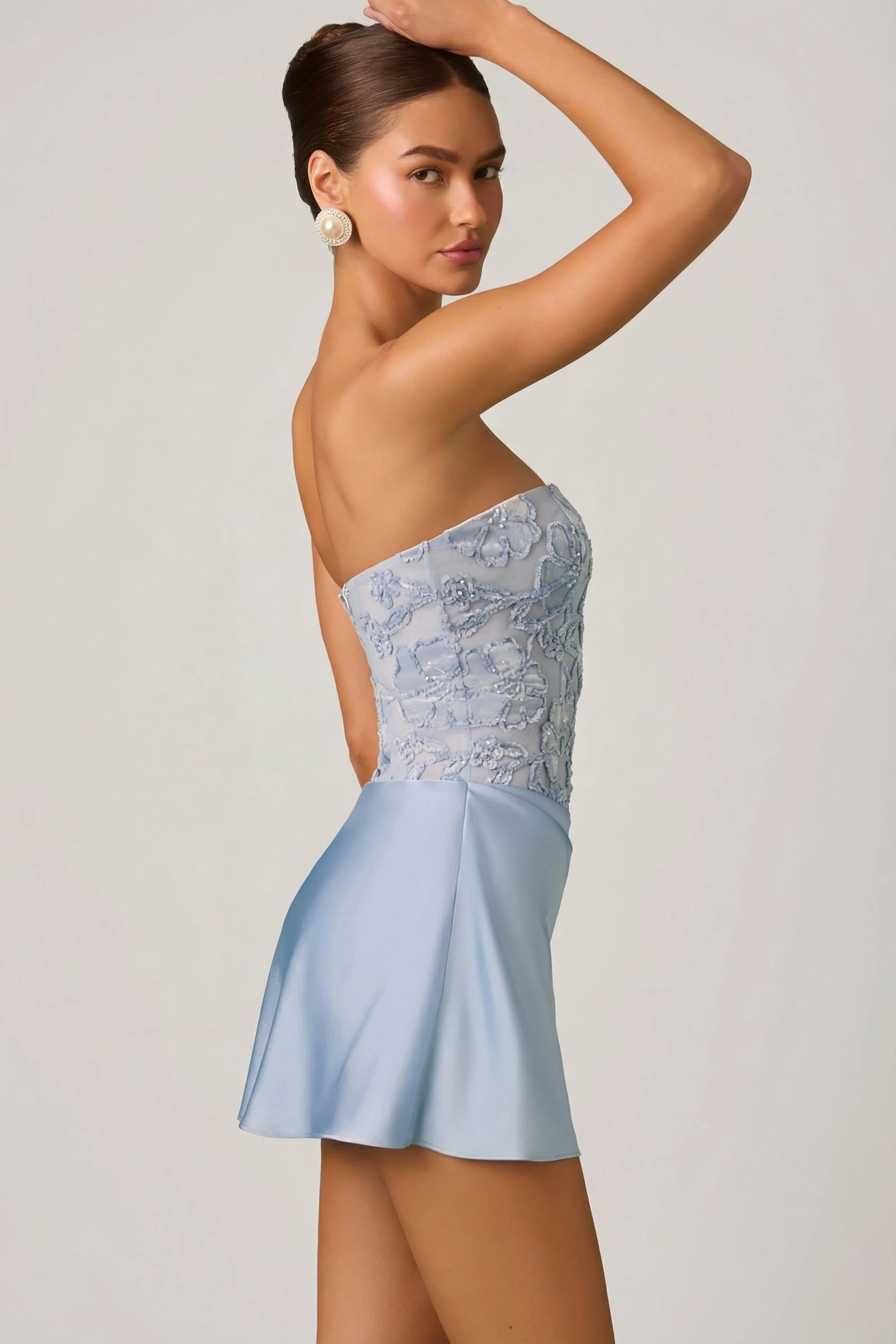 Embellished Draped Strapless A-Line Mini Dress in Sky Blue - Image 5