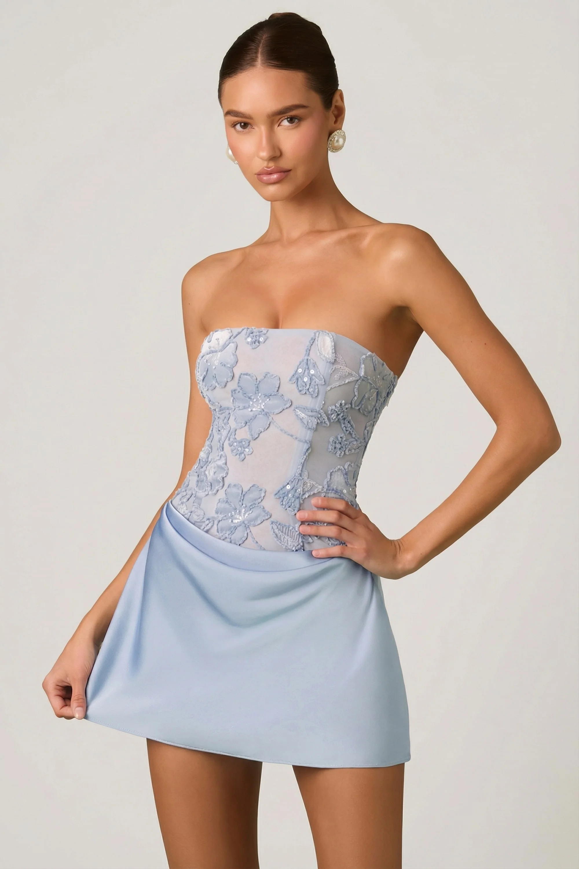 Embellished Draped Strapless A-Line Mini Dress in Sky Blue - Image 6