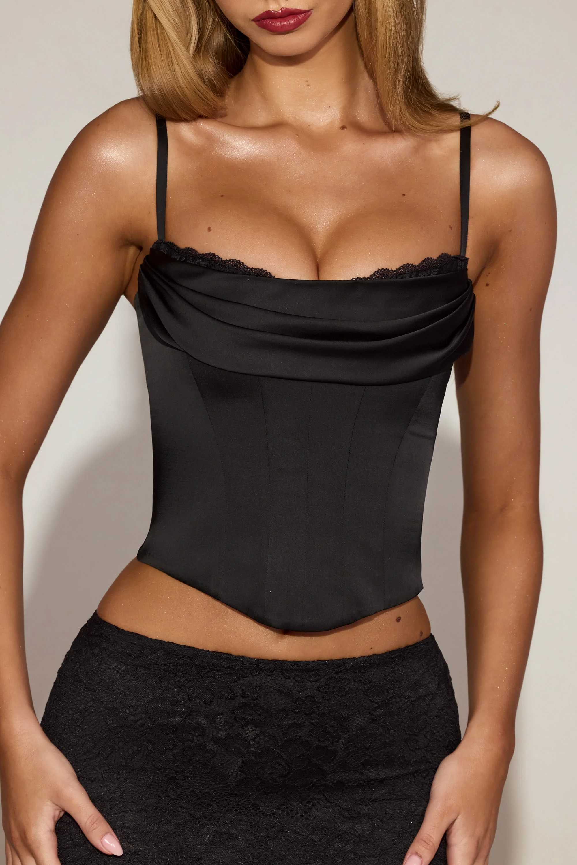 Satin Cowl-Neck Lace-Up Corset Top in Black - Image 3