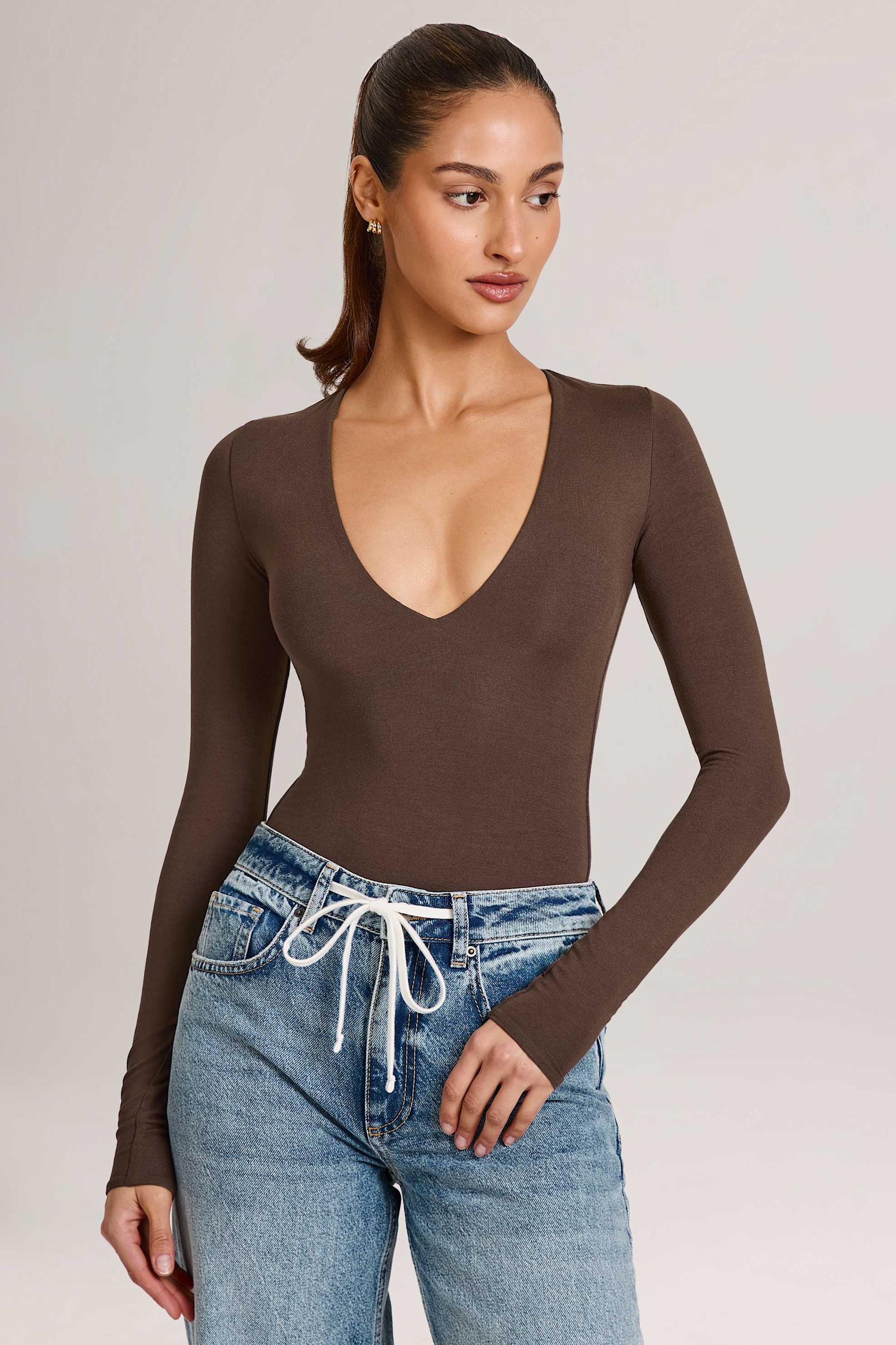 Modal Plunge Long-Sleeve Bodysuit in Chocolate Brown - Image 5