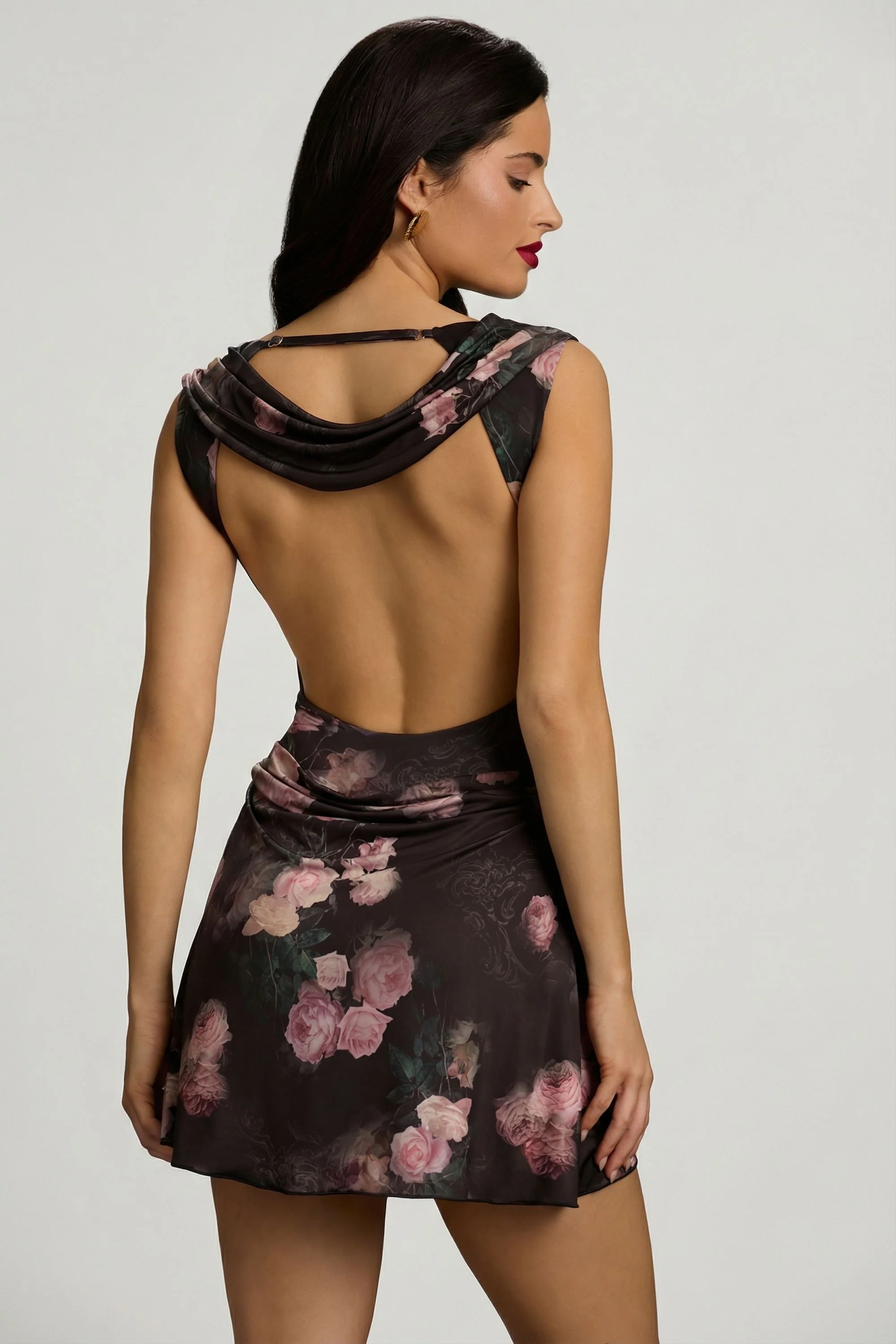 Draped Open-Back A-Line Mini Dress in Black Floral Print - Image 11