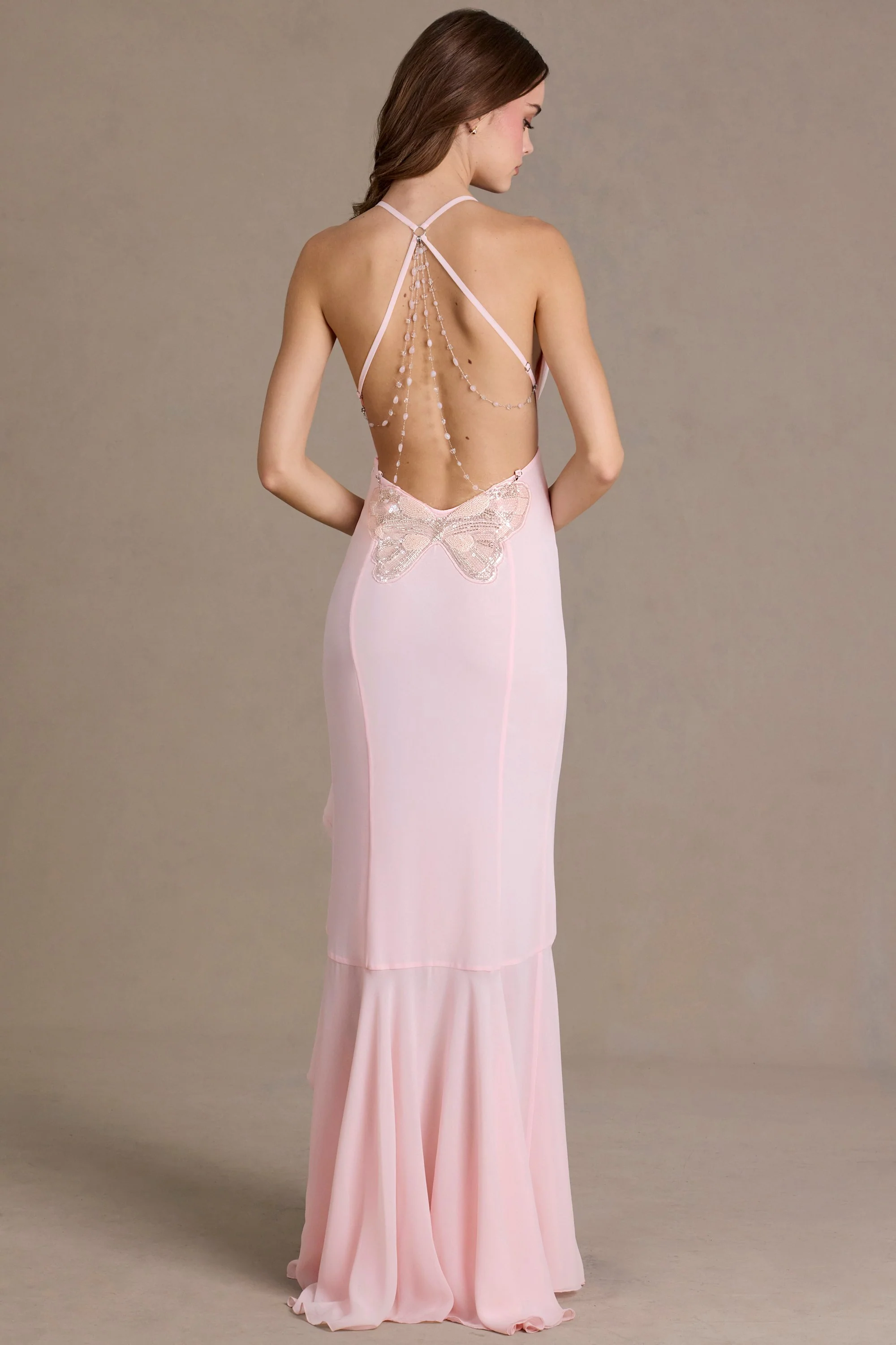 Chiffon Cowl-Neck Open-Back Gown in Baby Pink - Image 6