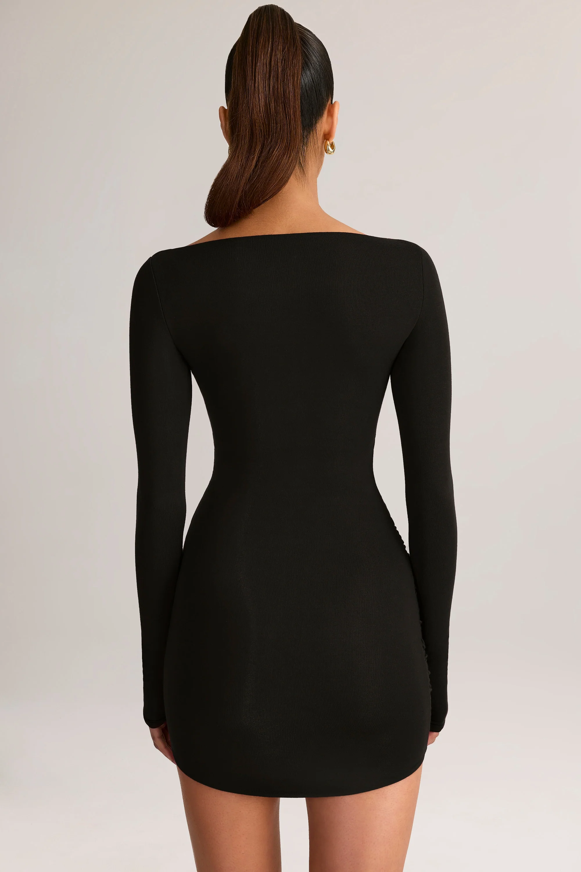 Modal Boat-Neck Draped Long-Sleeve Mini Dress in Black - Image 2