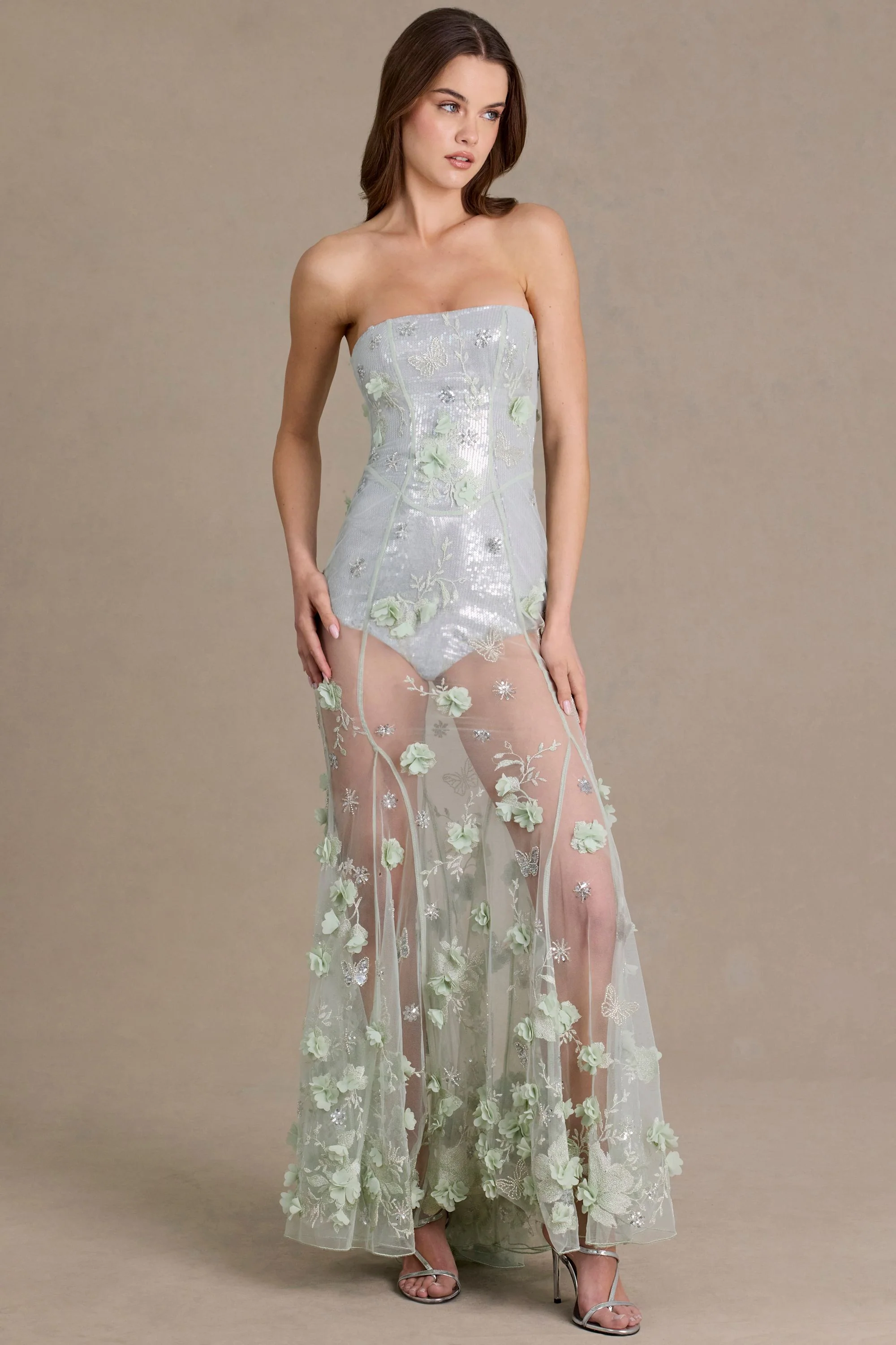 Embellished Tulle Corset Gown in Sage Green - Image 3