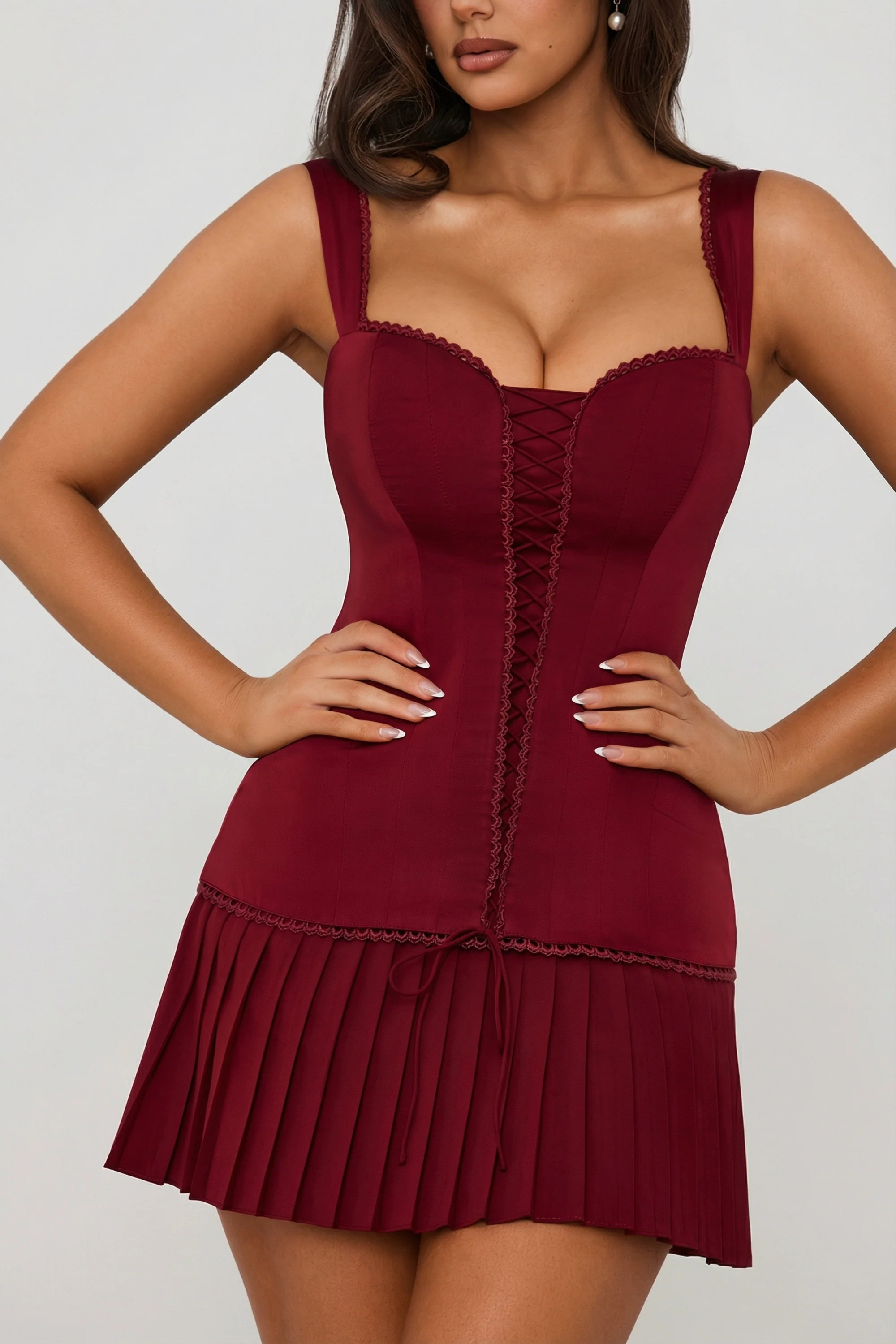 Bow-Detail Lace-Up Corset Mini Dress in Berry Red - Image 4