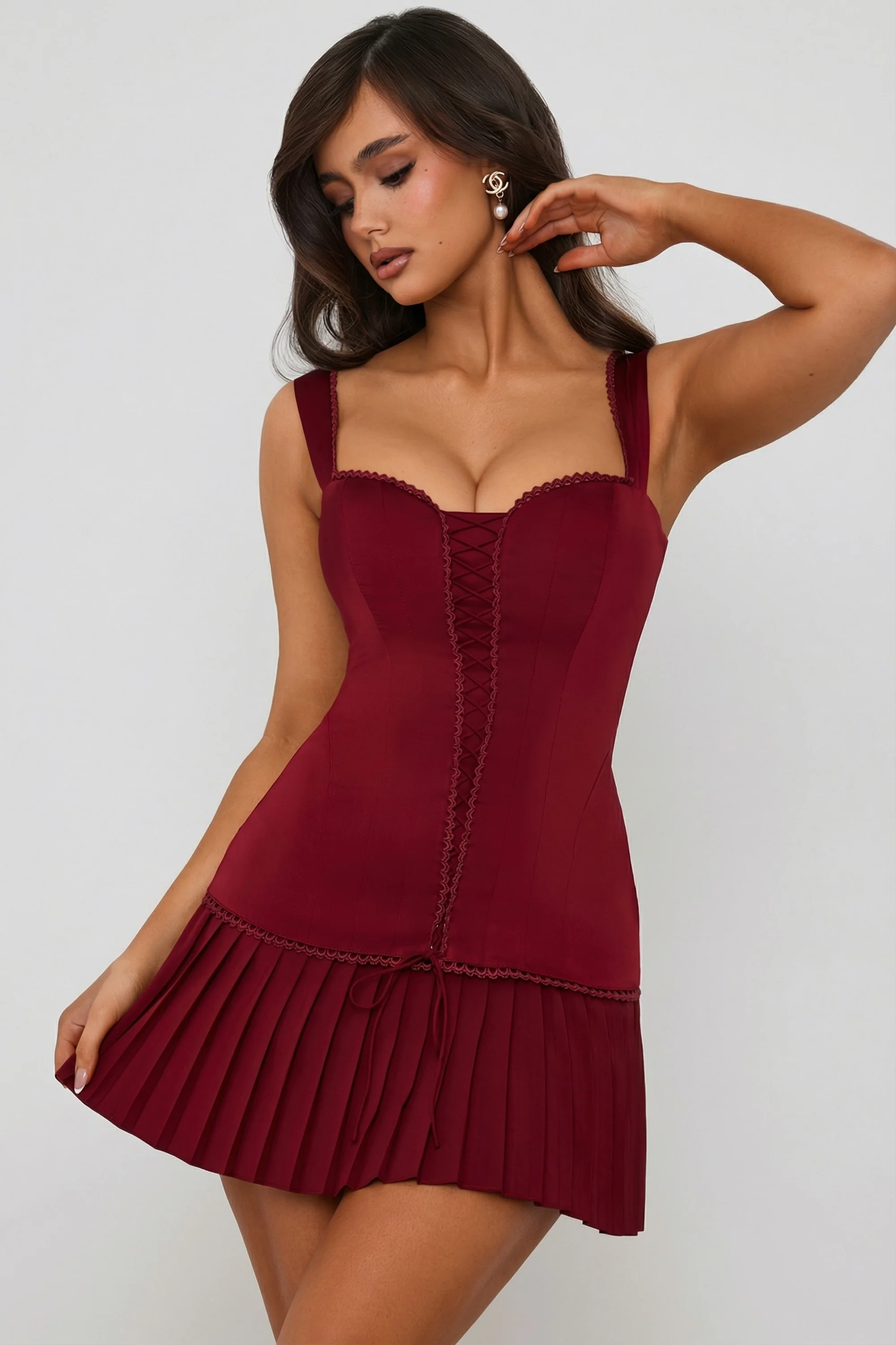 Bow-Detail Lace-Up Corset Mini Dress in Berry Red - Image 6