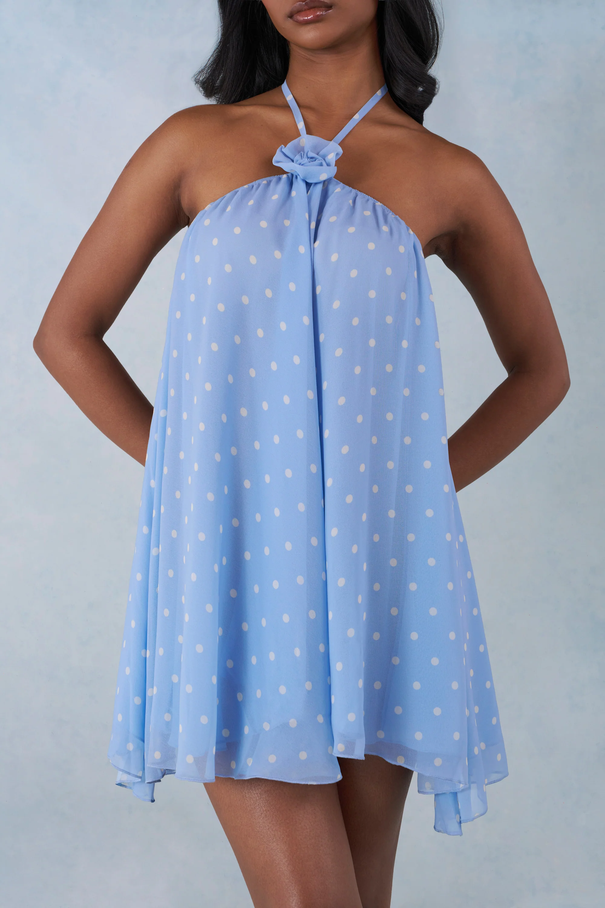 Halterneck Babydoll Mini Dress in Blue Polka Dot Print - Image 4