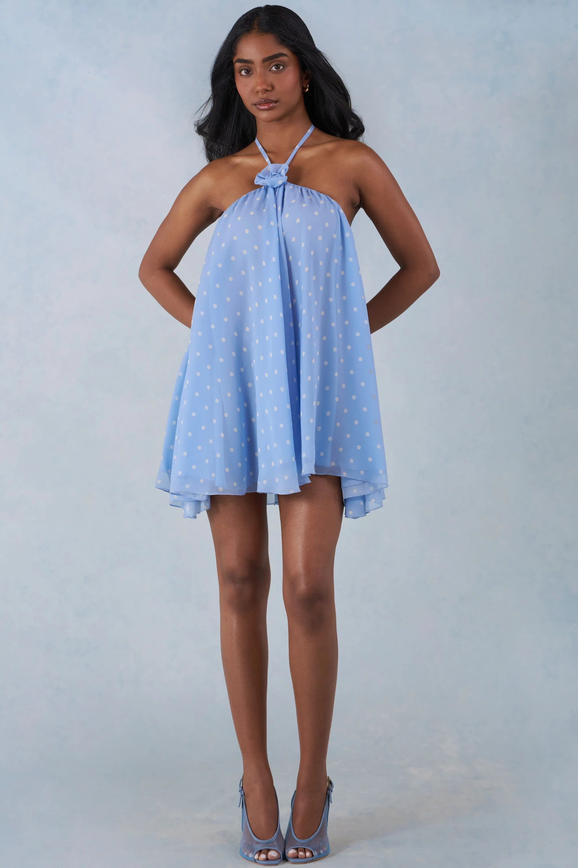 Halterneck Babydoll Mini Dress in Blue Polka Dot Print - Image 8