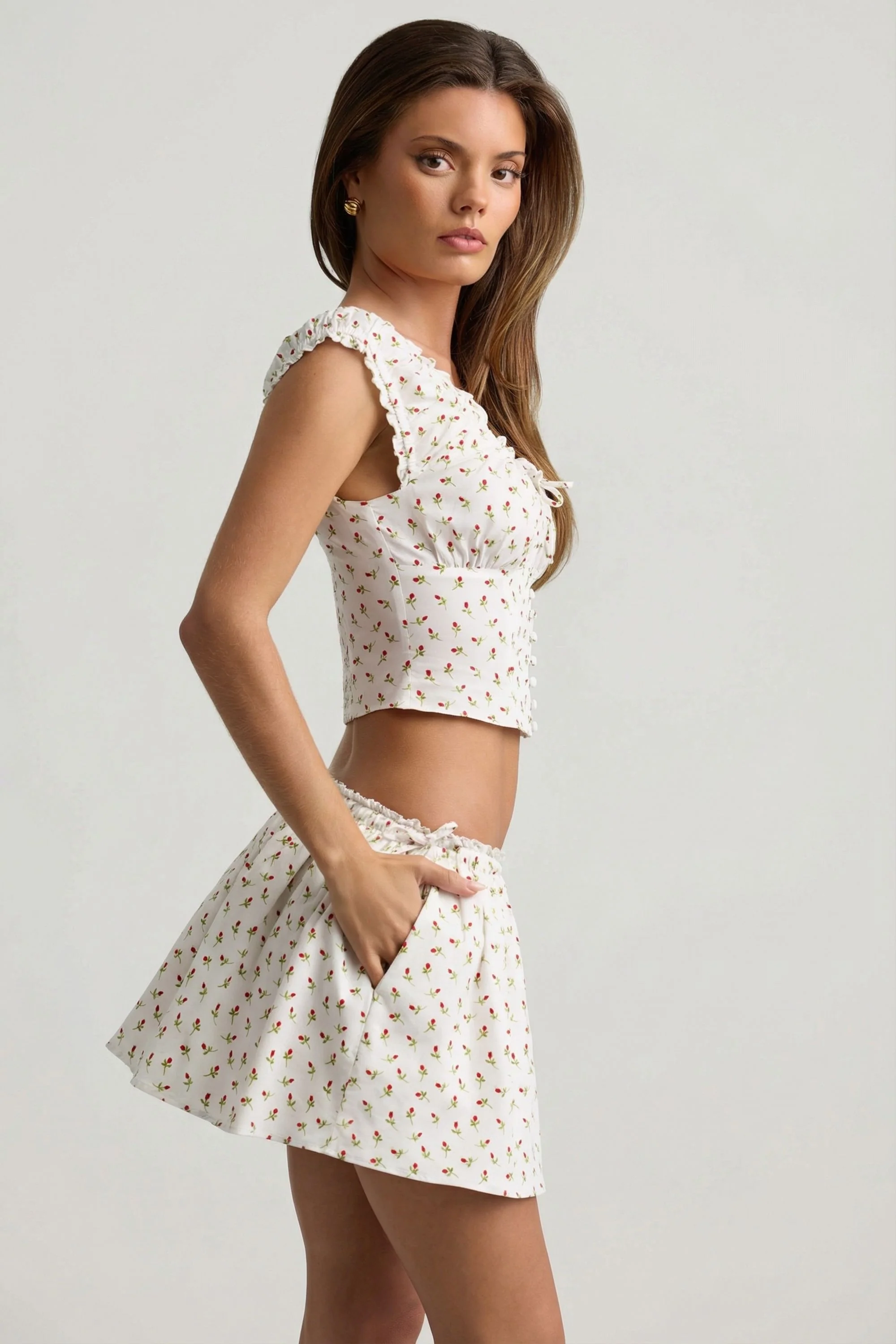 Ruched Cotton-Poplin Corset Top in Rose Print - Image 3