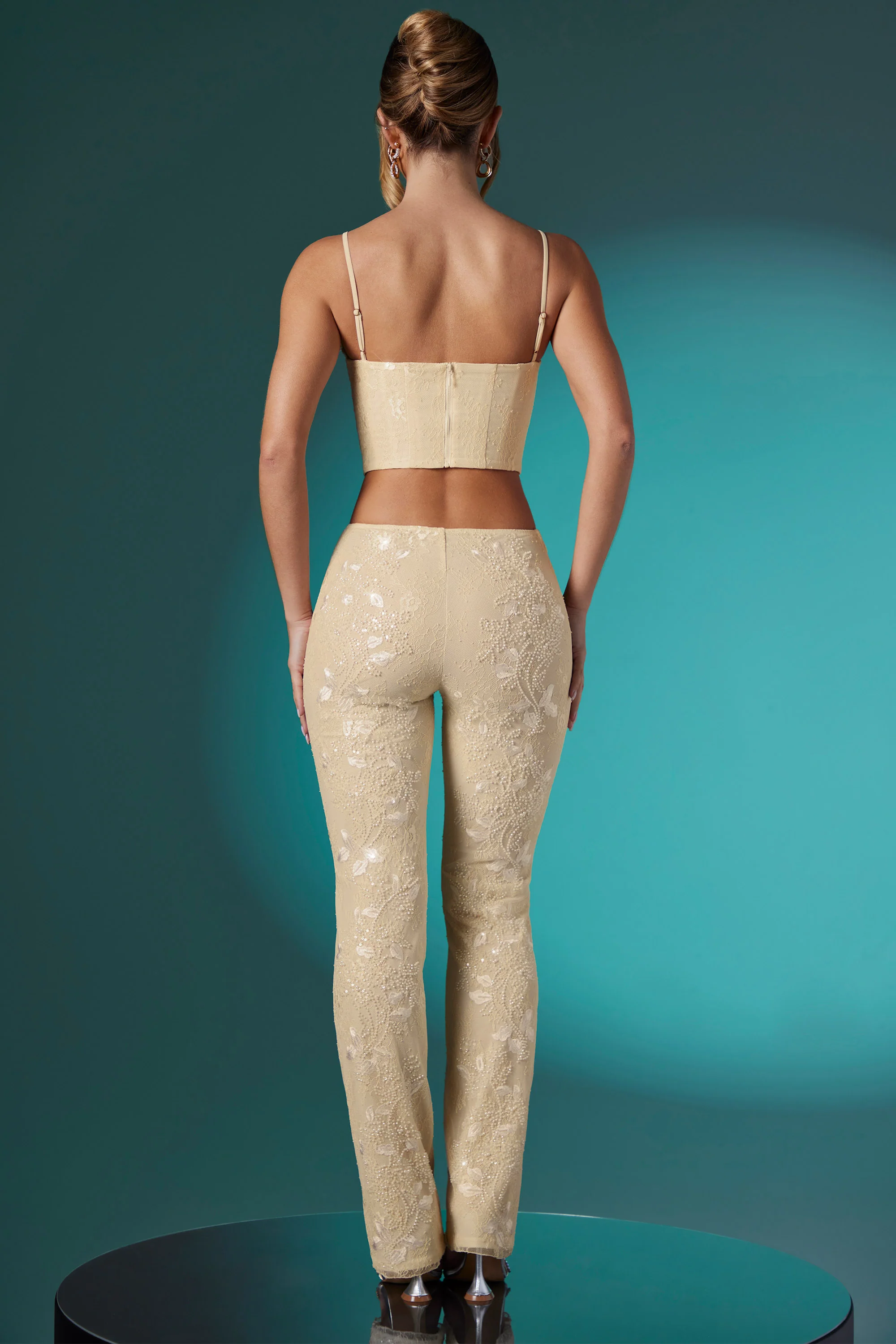 Petite Embellished Lace Low Rise Trousers in Ivory - Image 2