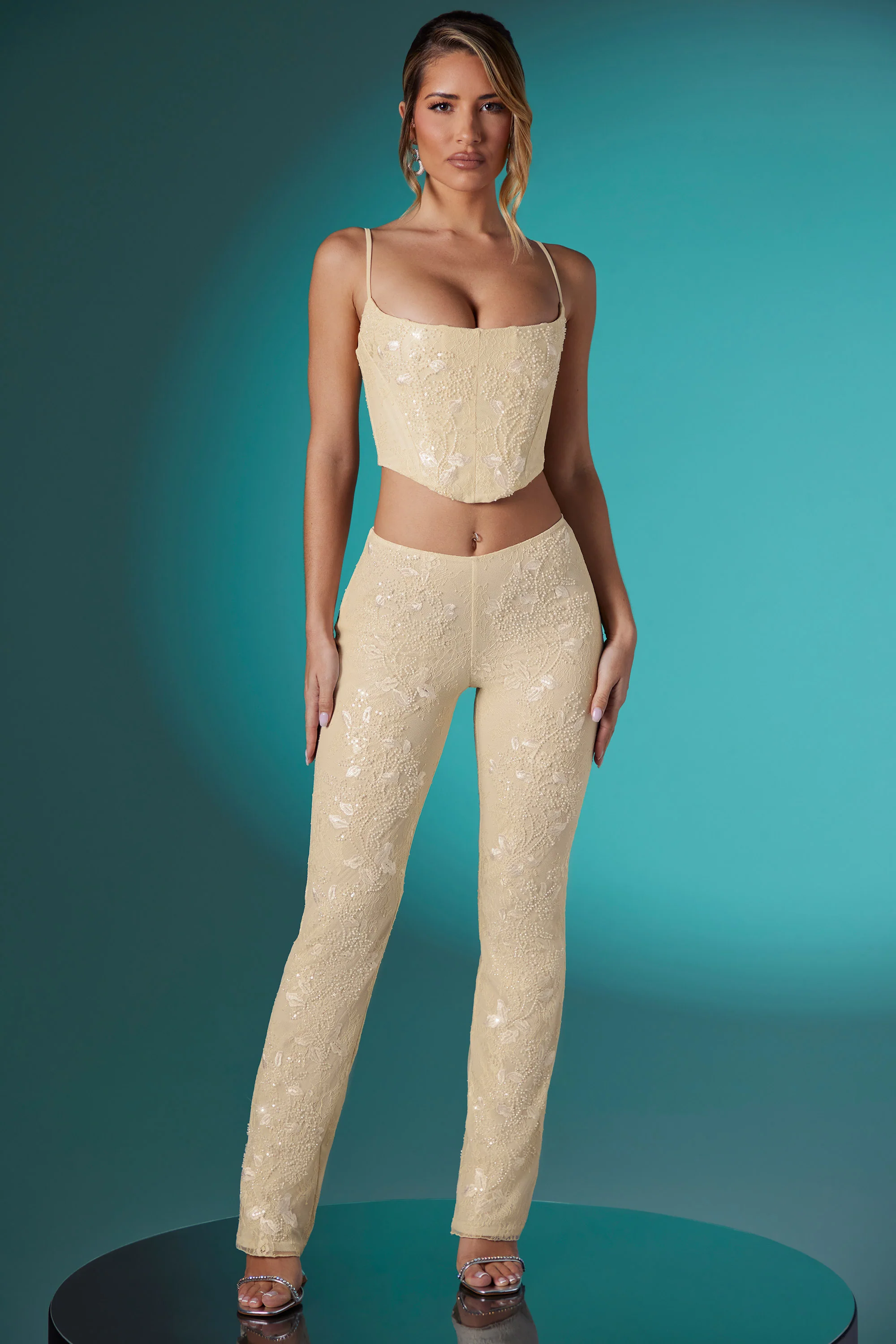 Petite Embellished Lace Low Rise Trousers in Ivory - Image 4