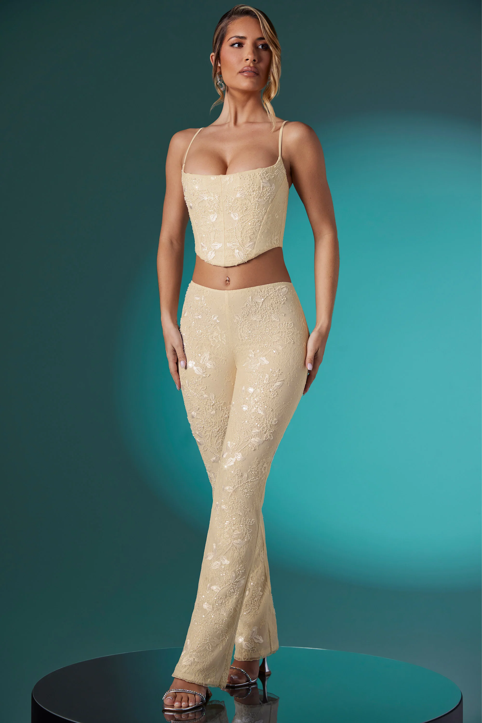 Petite Embellished Lace Low Rise Trousers in Ivory - Image 8