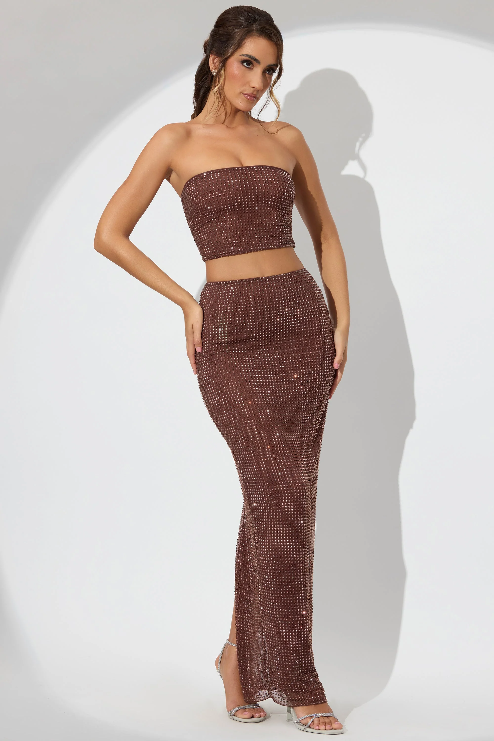 Embellished Mid Rise Maxi Skirt in Espresso - Image 8