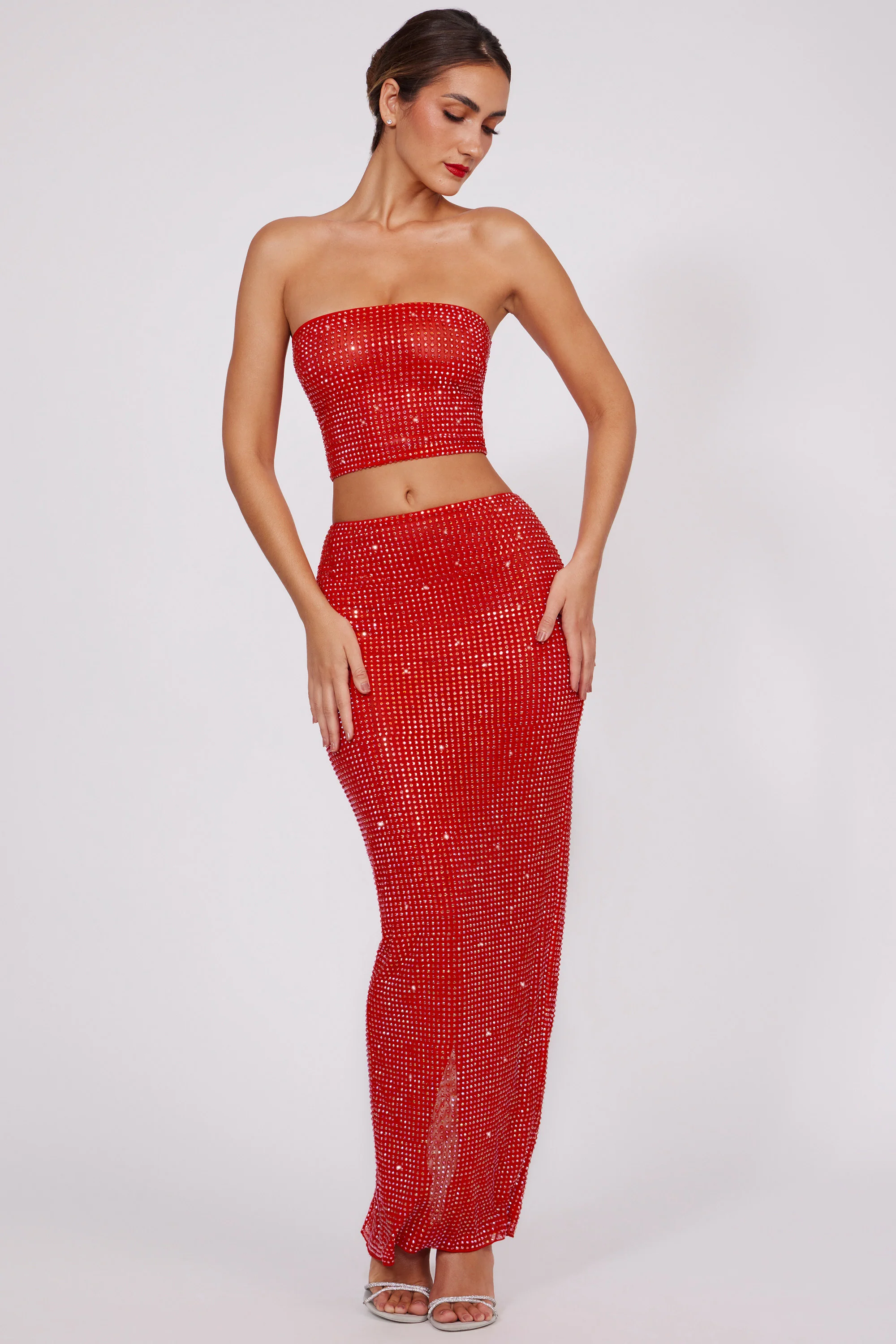 Embellished Mid Rise Maxi Skirt in Fire Red - Image 5