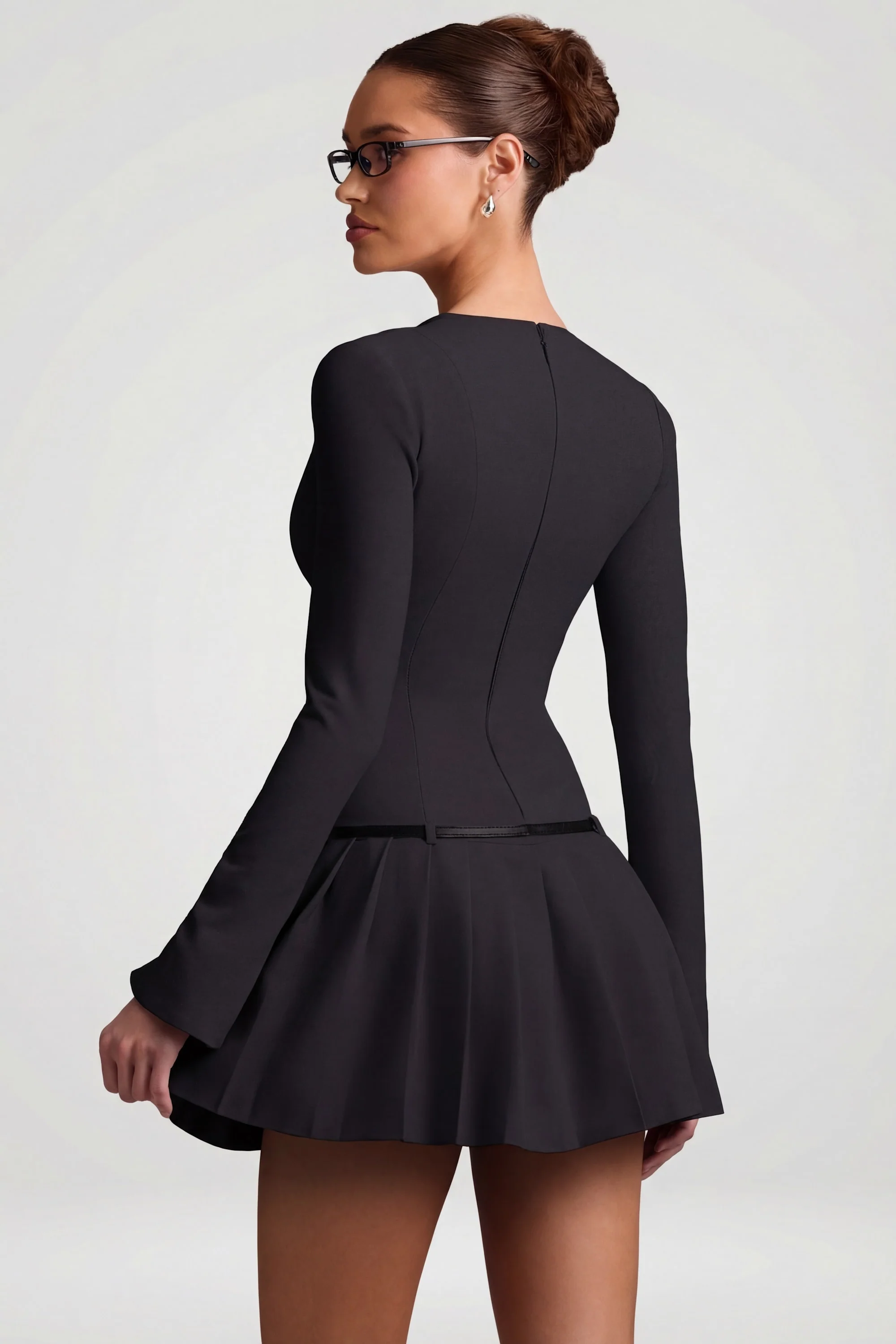 Long-Sleeve Pleated Mini Dress in Black - Image 2