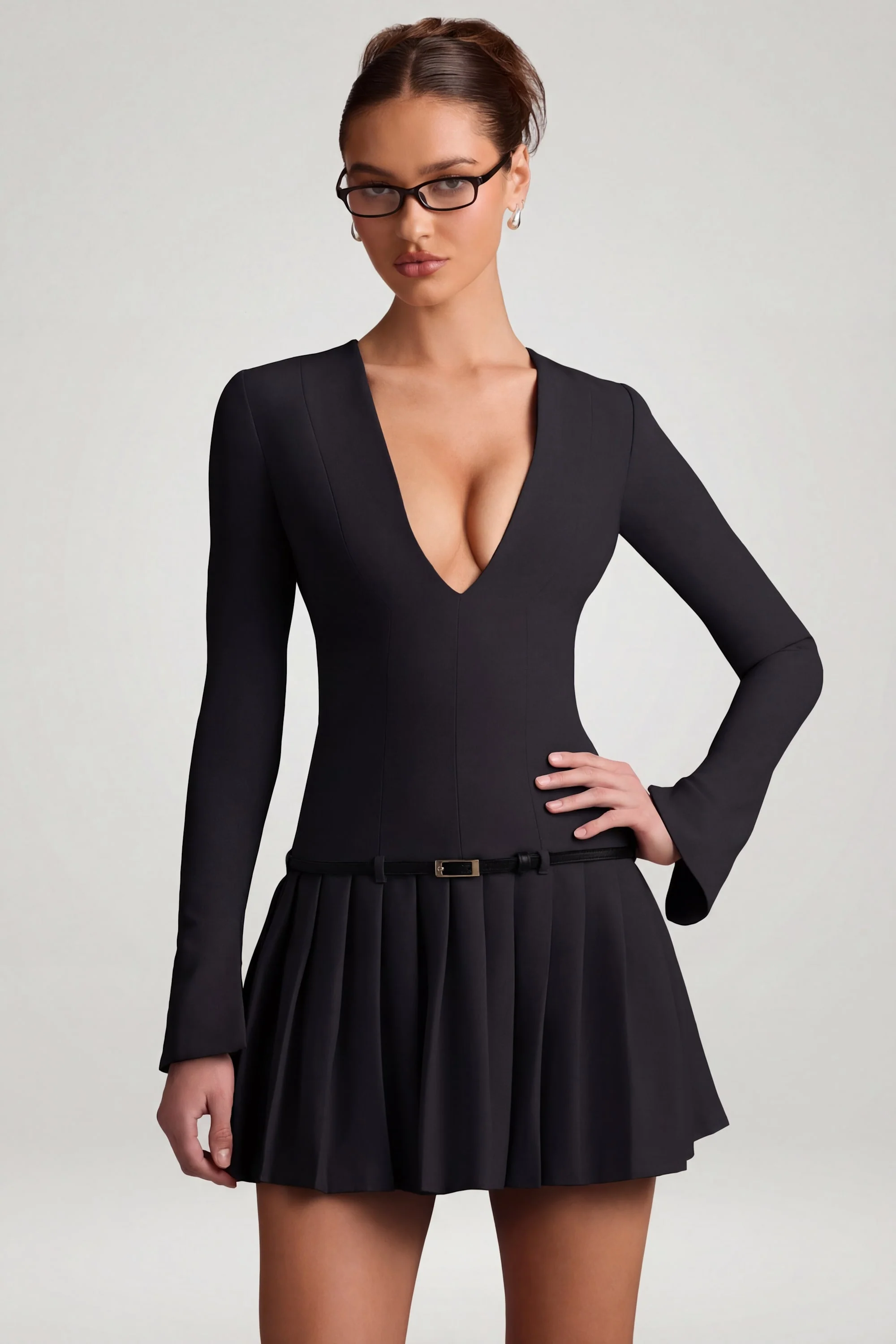 Long-Sleeve Pleated Mini Dress in Black - Image 6
