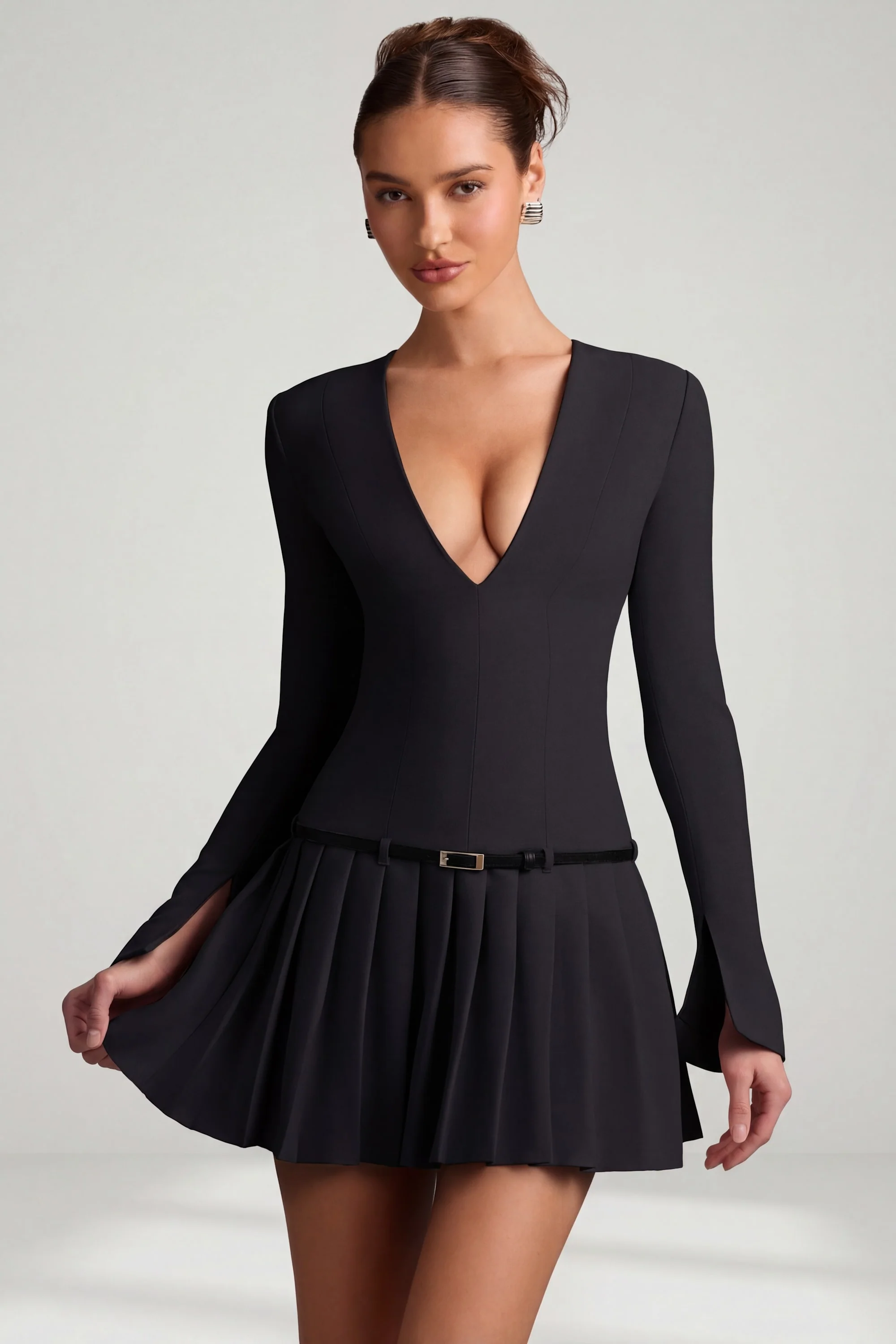 Long-Sleeve Pleated Mini Dress in Black - Image 7