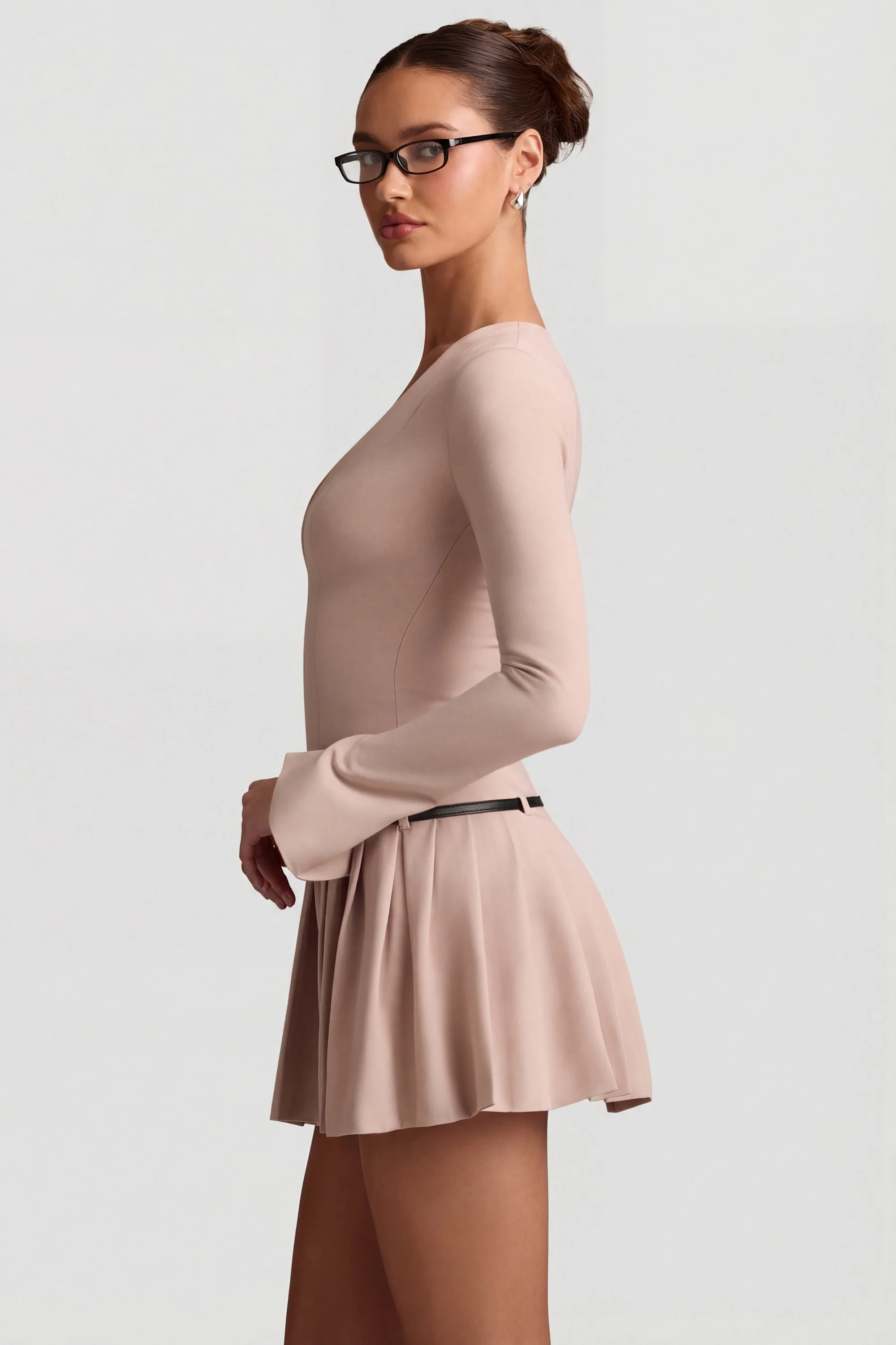 Long-Sleeve Pleated Mini Dress in Mushroom - Image 3