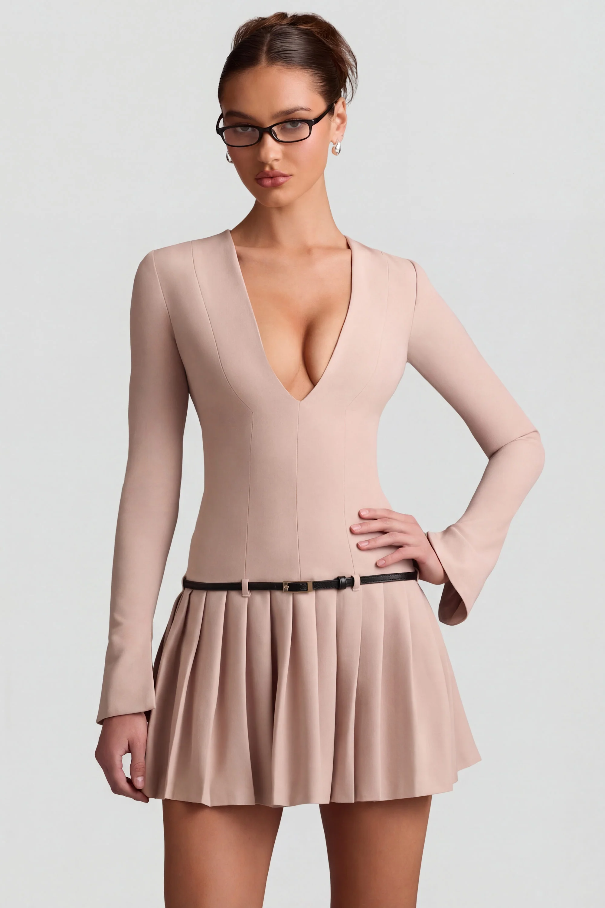 Long-Sleeve Pleated Mini Dress in Mushroom - Image 6
