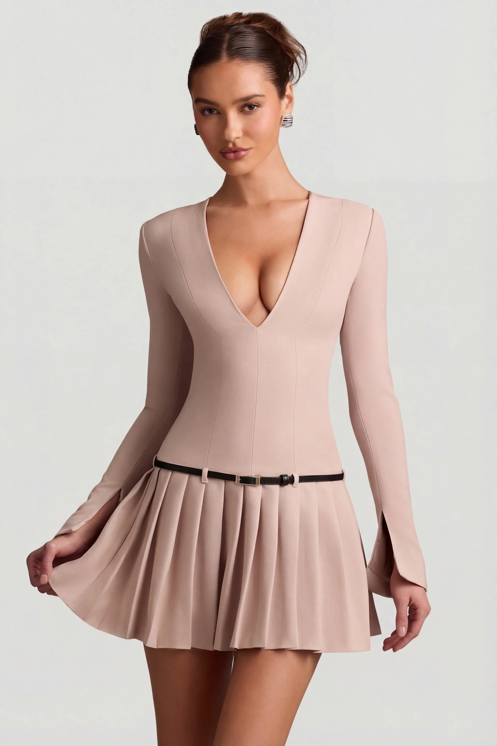 Long-Sleeve Pleated Mini Dress in Mushroom - Image 7