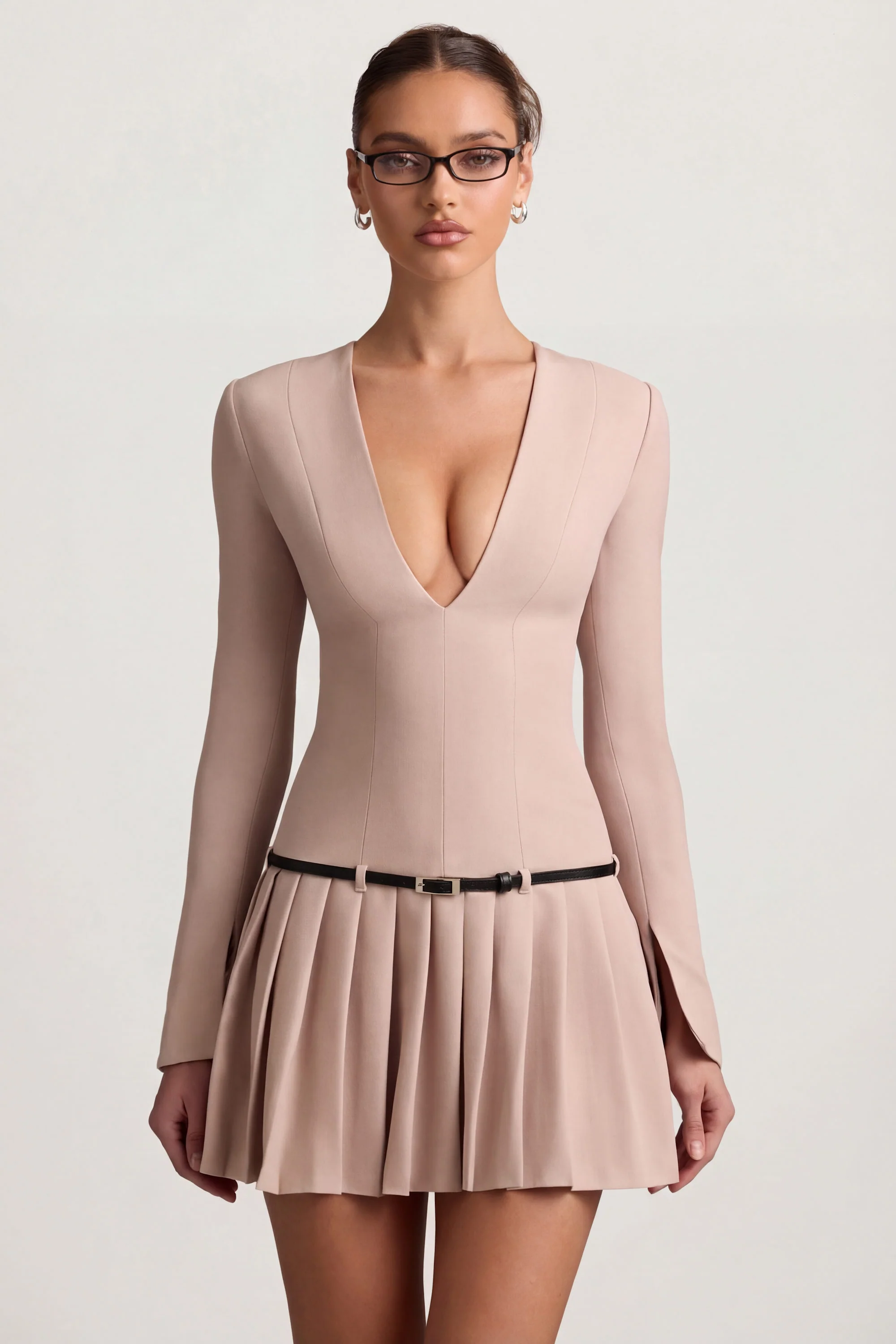 Long-Sleeve Pleated Mini Dress in Mushroom - Image 8