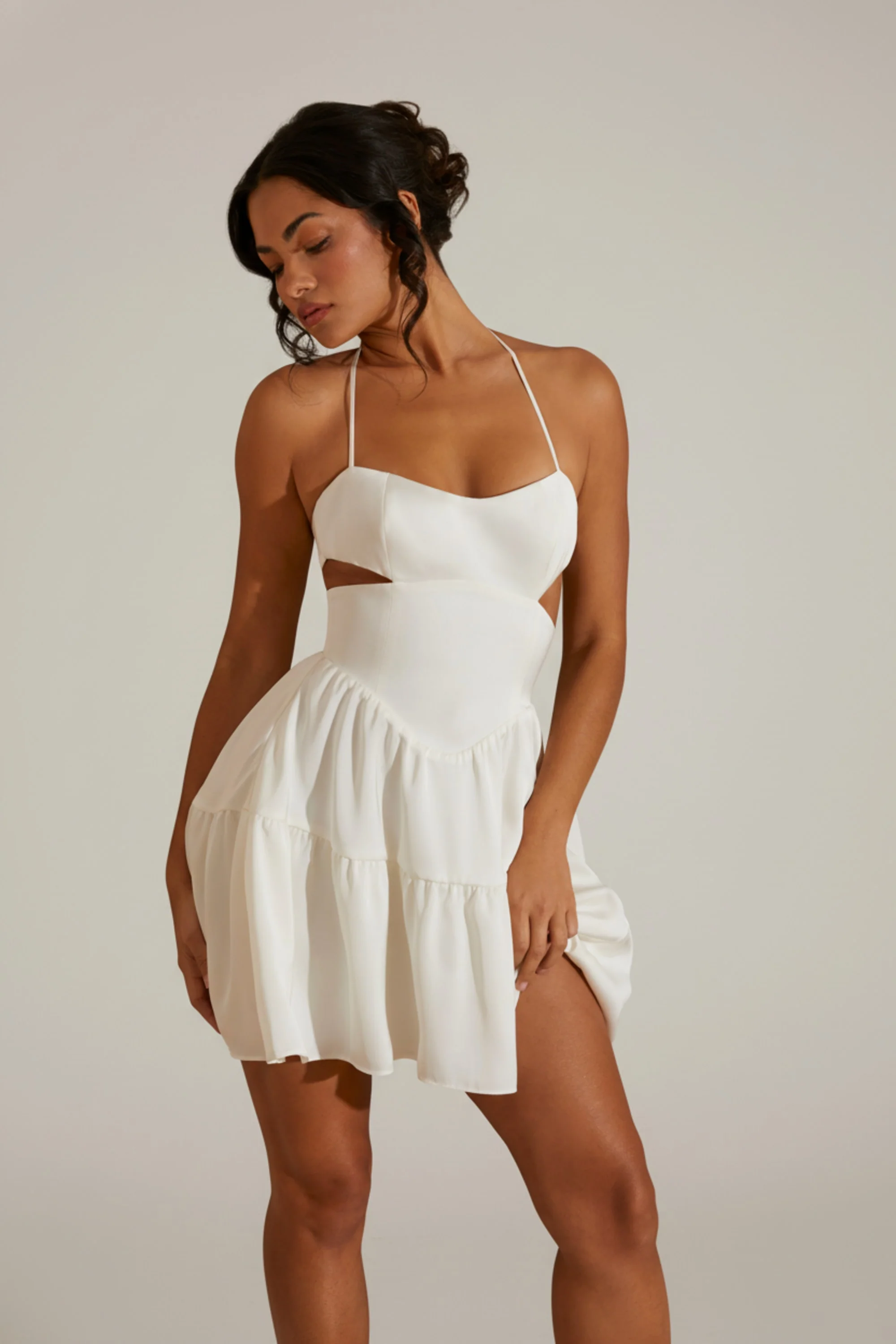 Halter Neck Cut Out Mini Dress in White - Image 5