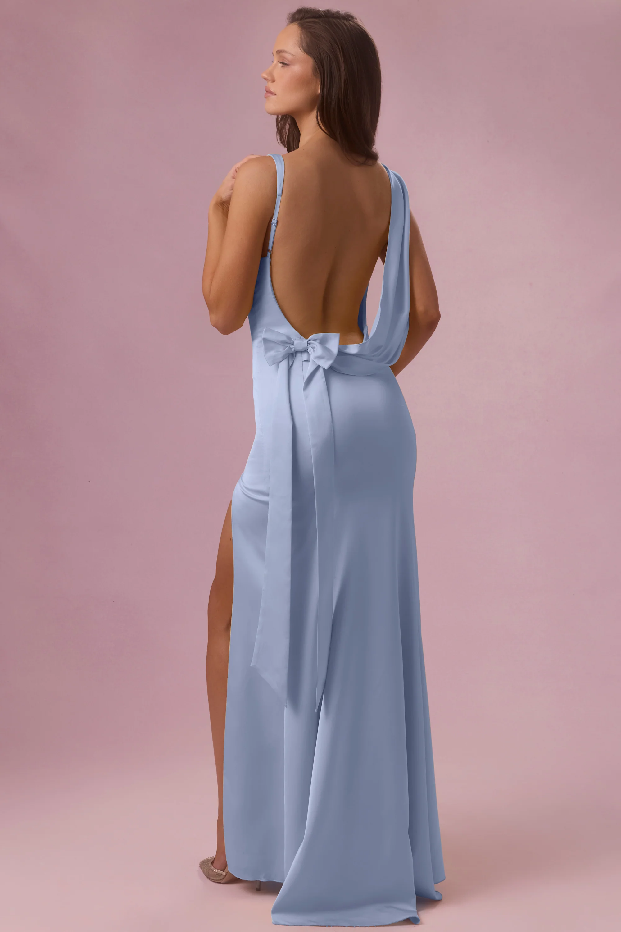 Satin Draped Bridesmaid Dress in Sky Blue - Image 8