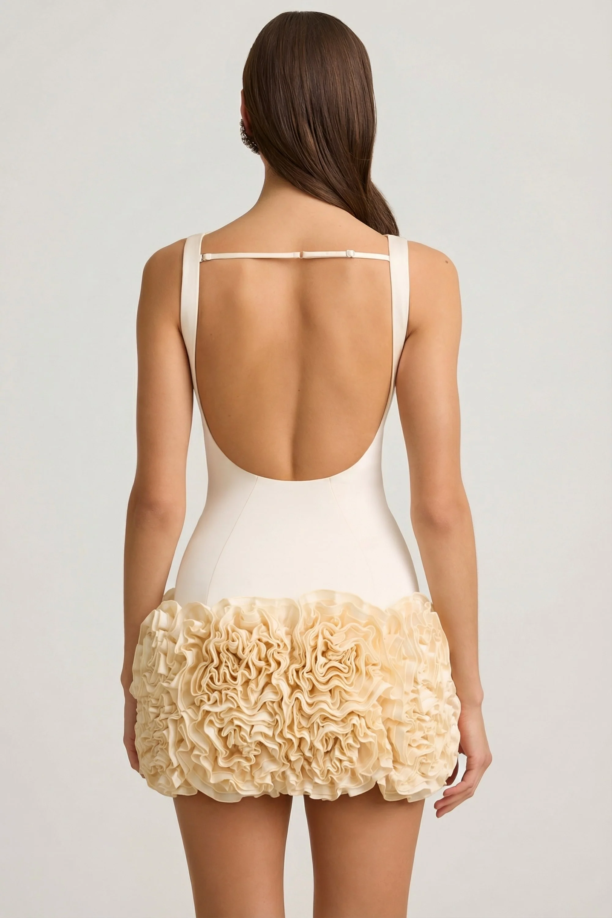 Satin Floral Appliqué Open-Back Mini Dress in Ivory - Image 2
