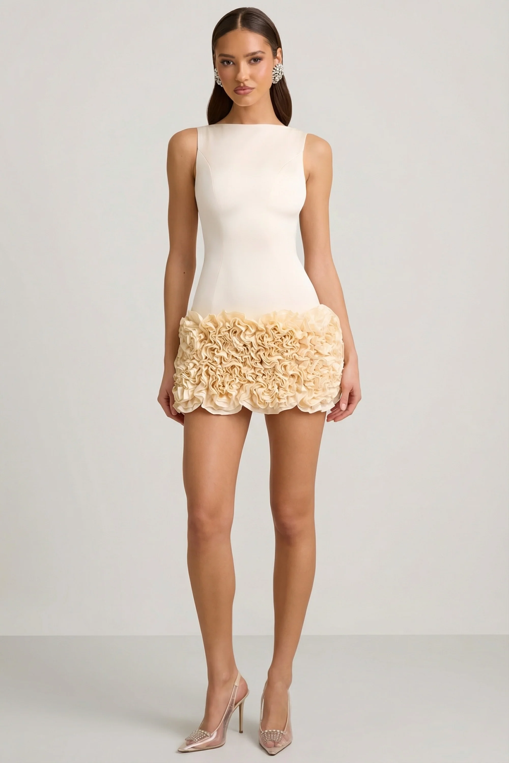 Satin Floral Appliqué Open-Back Mini Dress in Ivory - Image 5