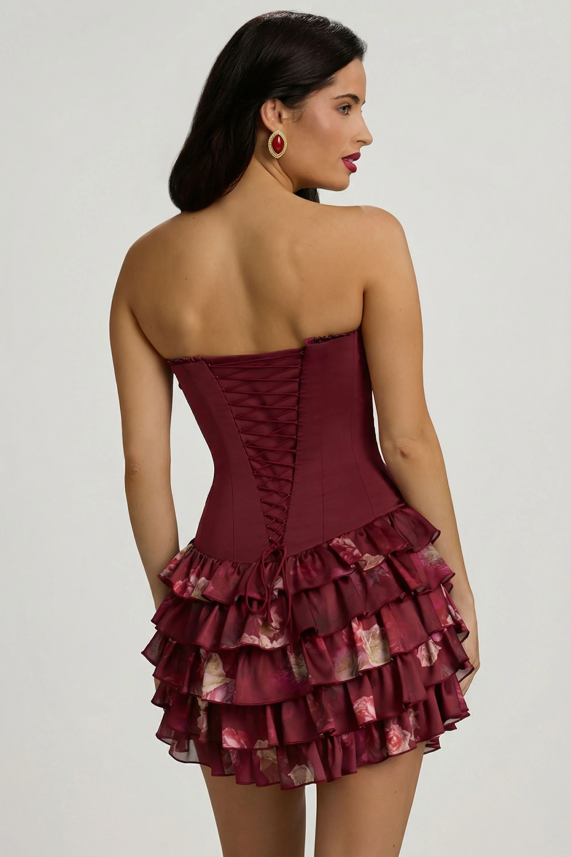 Strapless Ruffled Tiered Corset Mini Dress in Maroon Floral Print - Image 15